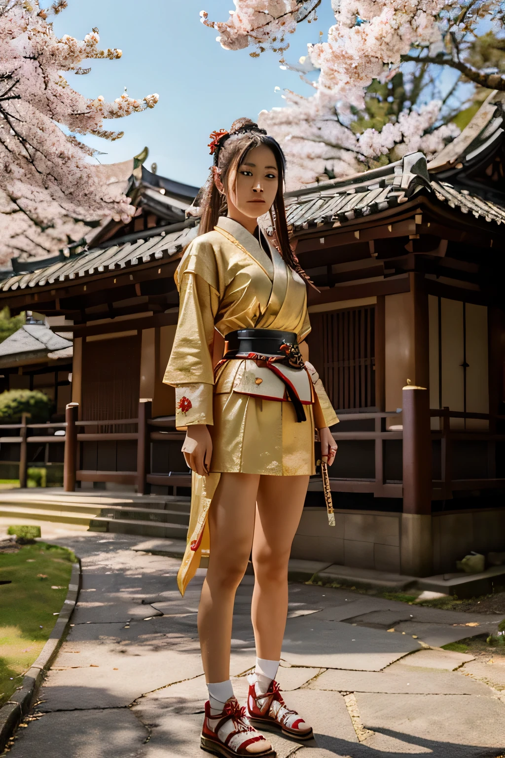 Full body Japanese samurai, beautiful and bright japanese girl, 20 years old She is dressed in an ancient samurai outfit. She holds a samurai sword ready to strike. Take a fighting stance . The atmosphere in the background is an ancient Japanese castle with cherry blossom trees blooming nearby. There was a golden light shining on it. Realistic, sharp, 8K images 