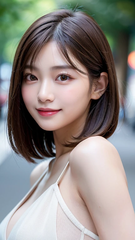 (((Definitely a shoulder-length, short, straight brown bob)))、(((She is posing like a hair salon model with a summer park in the background.)))、(((Random and cute street fashion)))、Close-up of face、Half Japanese, half Korean、18 year old girl、Standing Alone、Looking forward、Light eye makeup、Brown Hair Color、Flat and 、Hair blowing in the wind、Actress Quality、Glossy, ultra-realistic face、Smiling face、Watery eyes、Gazing Up、Subtle lighting effects、 Ultra-Realistic Capture、Very detailed、High resolution 16K close up of human skin。Skin texture must be natural、The details must be such that pores can be clearly seen、The skin is healthy、Uniform tone、Use natural light and colors、High quality images taken by a model agency's exclusive photographer、smile