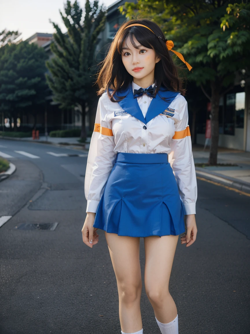 (1 lady), (Best quality at best:1.4), (ultra - detailed), (extremely detailed CG unified 16k), A Beautiful Woman with Perfect Figure: 1.4, Sharp Focus: 1.2, very detailed, High-definition RAW color photo, professional photoshooting, amazing face and eyes, cosmetics, (amazingly beautiful girl), ((suzumiya haruhi)), ((kita high sch0ol uniform, blue sailor collar, blue skirt, armband, hairband, medium hair, ribbon, socks)), standing posture, realistic cinematic face, head to feet long wide zoomed out view, full body long view, photorealistic, ((realistic natural caramel brown hair style, brown eyes)), gorgeous, extremely beautiful face, perfect model beauty, pout mouth, Highly Detailed Face and Skin Texture, Detailed Eyes, Double Eyelids, Medium Breasts, joy expression, joyful face, cleavages, western, (masterpiece), best quality, high resolution, extremely detailed, depth of field, cinematic lighting, amazing legs, high heels, clear and well-cared skin, (background: nature, tree, park)