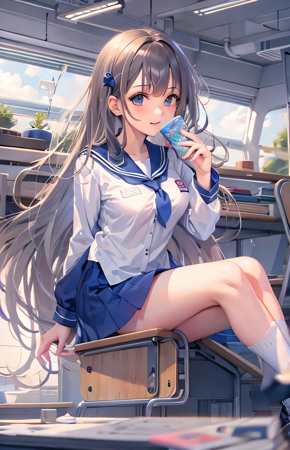 ((highest quality)), ((masterpiece)), (Get used to it), Perfect Face , beautiful girl , Big Breasts , Long and beautiful hair , ((Show off your thighs))、(Japan uniform)、(Wearing a white shirt)、((navy blue micro mini skirt))、(Flipping skirt)、Summer clothes、Light Smile、Sit on、(Spread your legs)、Pause、(School classroom)、highest quality、Photo Real