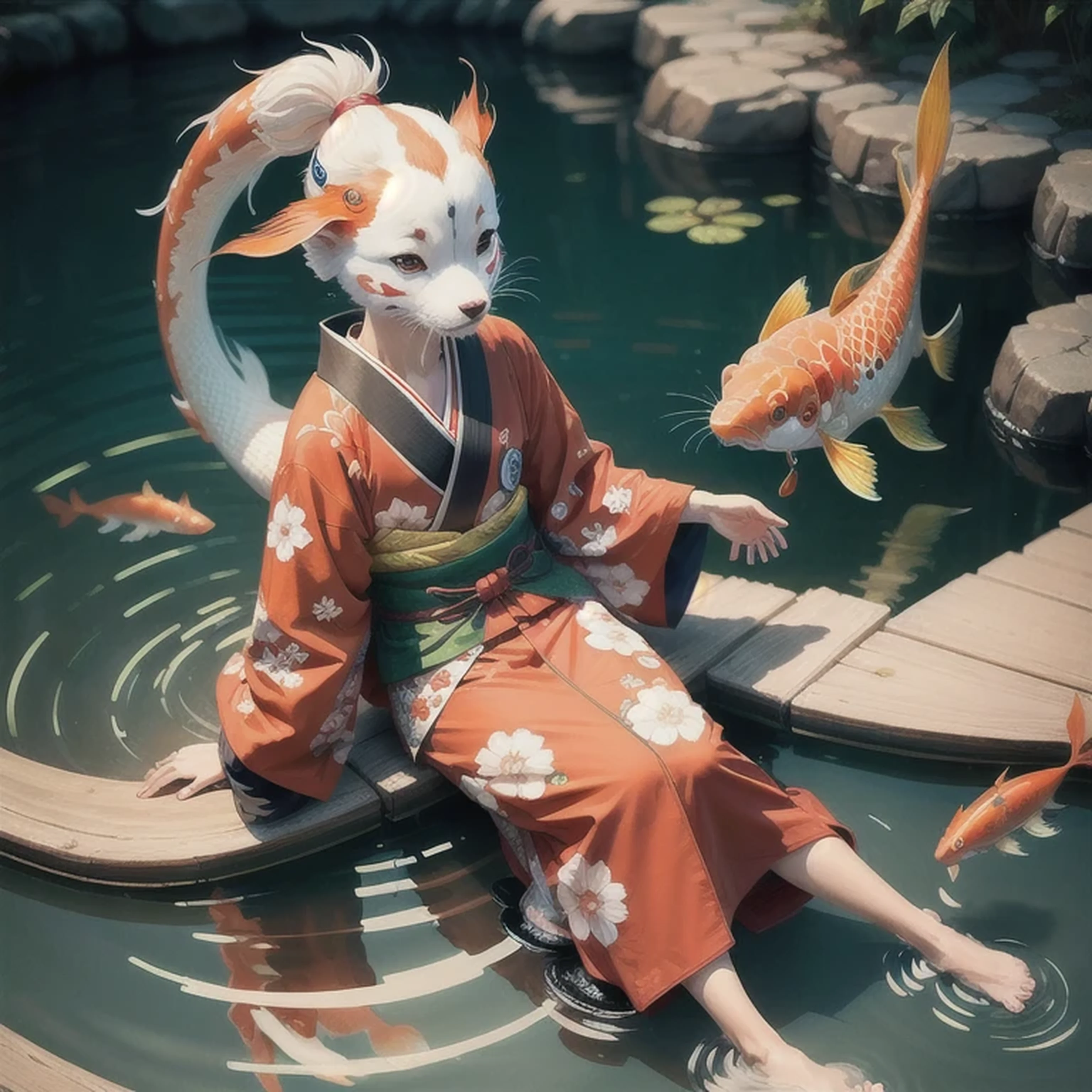 Anthropomorphic koi fish wearing kimono，