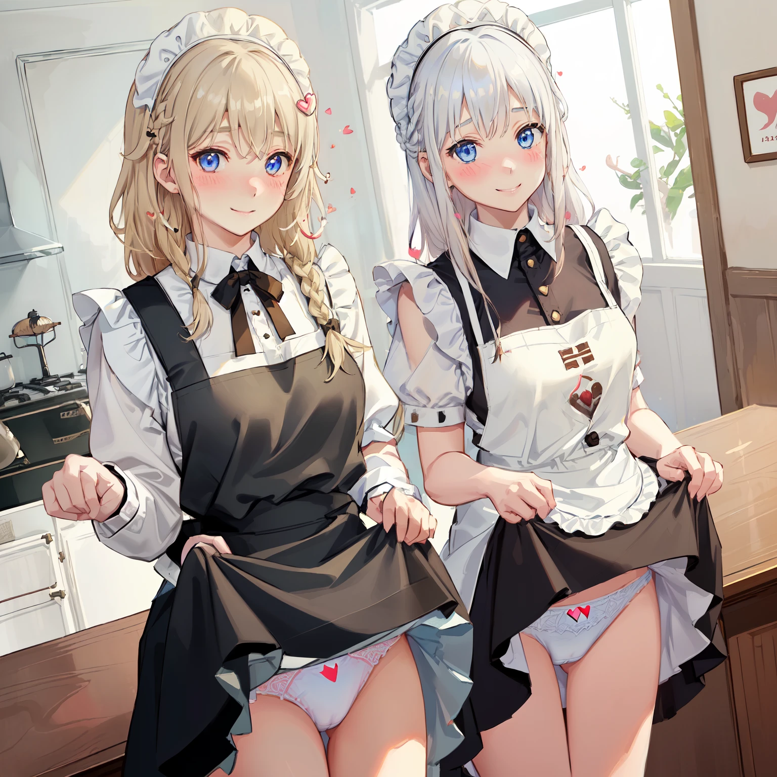 highest quality、masterpiece、((2 girls))、((smile:1.3))、(blush:1.3)、Black Shirt、blouse、((fun!!))、(Small breasts)、(One-strand braid)、(Blonde)、()、((White apron:1.5))、((Maid))、((hair ornaments)),、Kamimei、look at me、 ((in house:1.5))、 Taking a break from watching the audience、Cowboy Shot、(Skirt lift:1.3),(Highly detailed white panties:1.3)、(Highly detailed panties:1.3)、、(スカート that rolls up:1.3)、(Panties fully exposed:1.5)、Light blue eyes、long hair、((spoken heart:1.5))