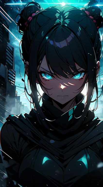 slime girl, (slime), slime hair, double buns hair style, cinematic dark lighting manga anime focused on the look, murderous pose, light coming in focused on the face, dark, weather, masterpiece, anime, menacing gaze, menacing, blood perception, light, sky, anime colors, counterfeit v3 anime style