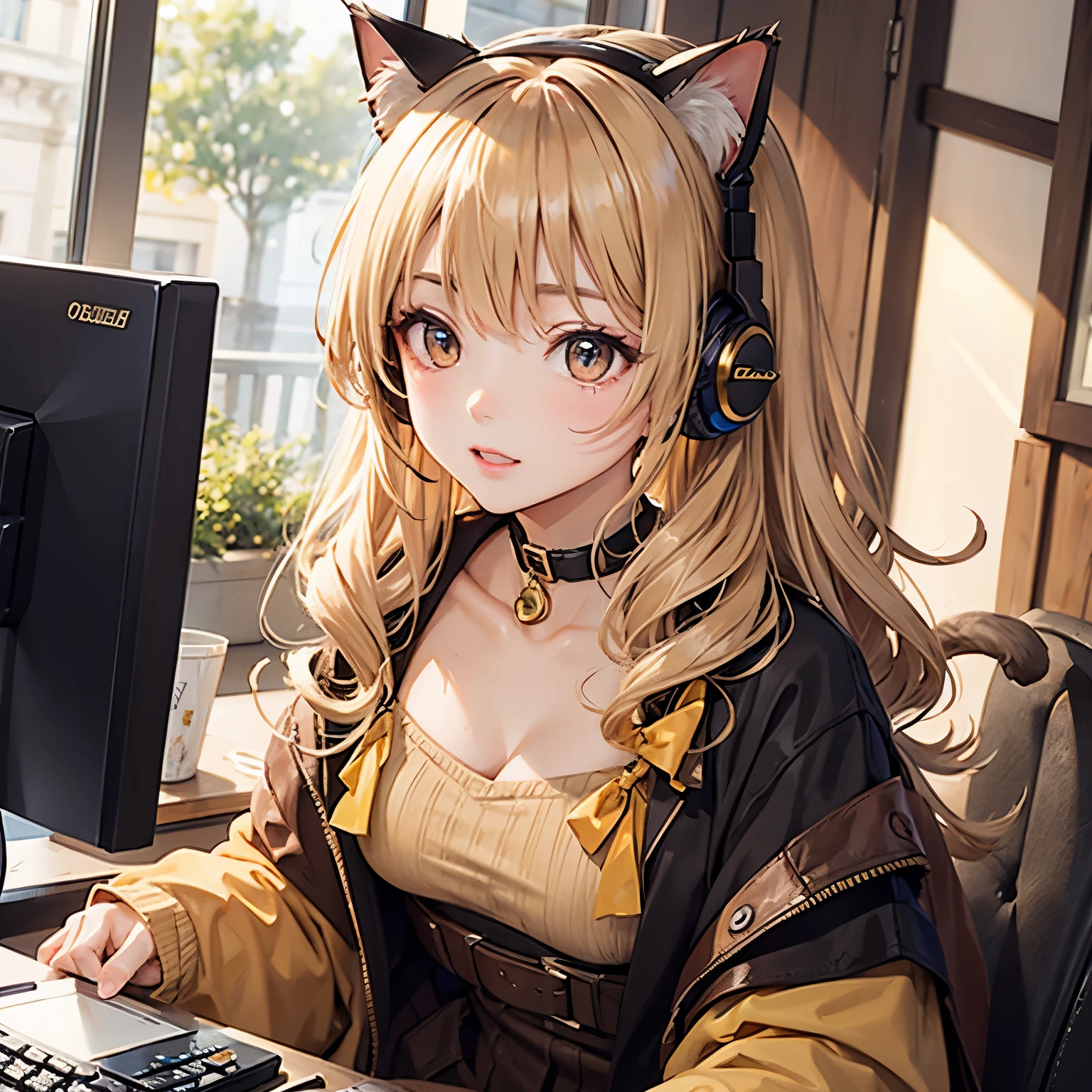 Cat with ochre ribbon、Beige hair、ocher eyes、Ocher clothes、Gamer、Cat ear headphones、Sparkling Eyes、Happy appearance