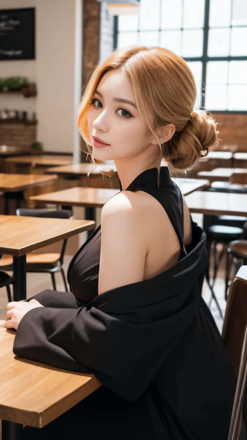 highest quality, masterpiece, 8K quality, Attention to detail, Photo Style, Detailed Background, A beautiful 27-year-old woman is wearing a black kimono., She is leaning back in a chair in a fashionable cafe, With a shapely bust, Defined waist, And beautiful blonde. The hairstyle is bob、She seems to be an essential part of the cafe., charm everyone around you. Generate a detailed description of this scene.