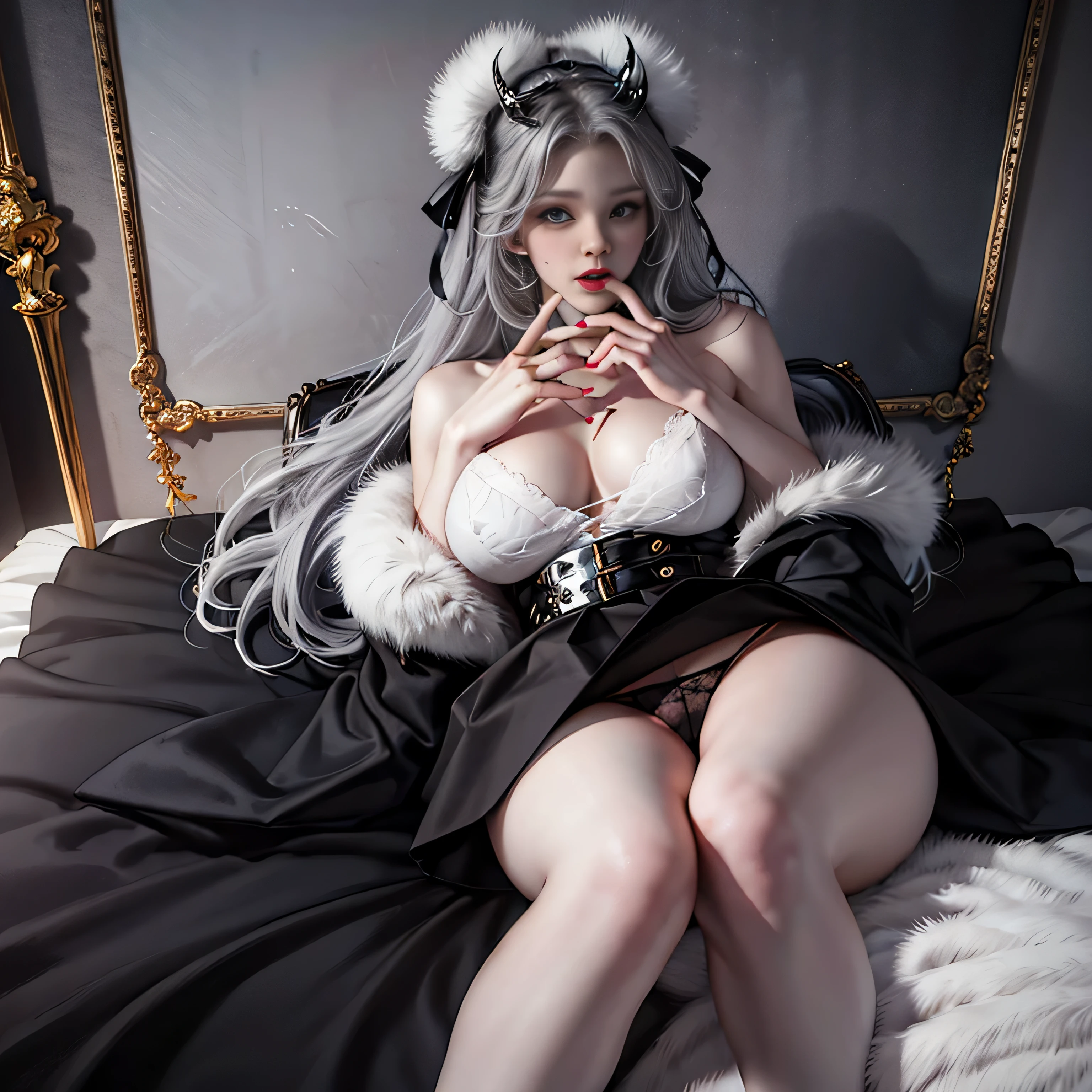 (Girl lying on fur bed),Portrait Photography, Realistic, High resolution, 1 female, alone,full body shot, Beautiful Eyes, Close your lips, Detailed face, Gray Hair, Long Hair, Collared shirt, Black tie,Black Skirt, Pencil Skirt, Fur coat, stockings,(Black lace panties are visible)