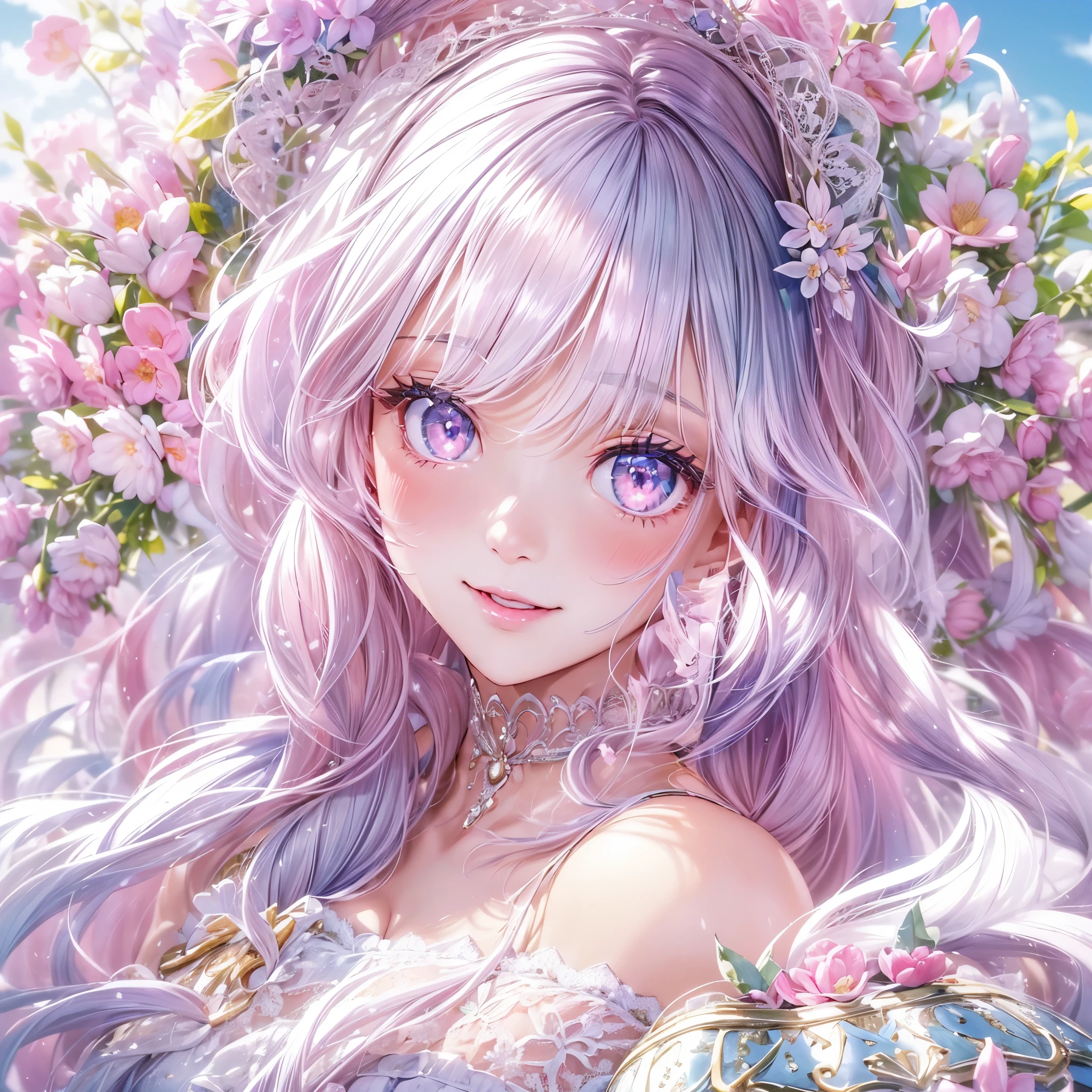 (8k, Tabletop, highest quality, highest quality, Official Art, Breathtaking beauty and beauty, Very detailed, The best masterpiece in history that exceeds limits, Breathtaking beautiful lighting:1.2), (1 Absolute beautiful Girl, alone:1.3), ************, (Glowing White Skin), (pink twintail hair, bangs:1.3), (Adorable big pink eyes, drooping eyes:1.5), (Breathtaking beautiful Princess Dresses with Gorgeous Details, super precision embroidery, See-through lace, ribbon, see-through frill, Silver Thread, diamond), (Medium Bust), (beautifully Gorgeous diamonds Tiara), (Smile, beautiful smile, A kind smile, cute smile, An innocent smile like an angel:1.2), Nice views, Charm, wonderful, beautiful, elegant, Gorgeous, grow, Eye-catching, Ultimate beauty, Supreme beauty, The finest beauty, elegant, beauty, elegant, I love you all, beauty that fascinates everyone, I was healed, The highest level of perfected beauty, Cute like an idol, Stylish like a fashion model, grace like a goddess, Beloved, cute, Adorable, Looking at the camera, cute pose, Happy, (Breathtakingly beautiful Gorgeous spring garden, blue sky:1.5),