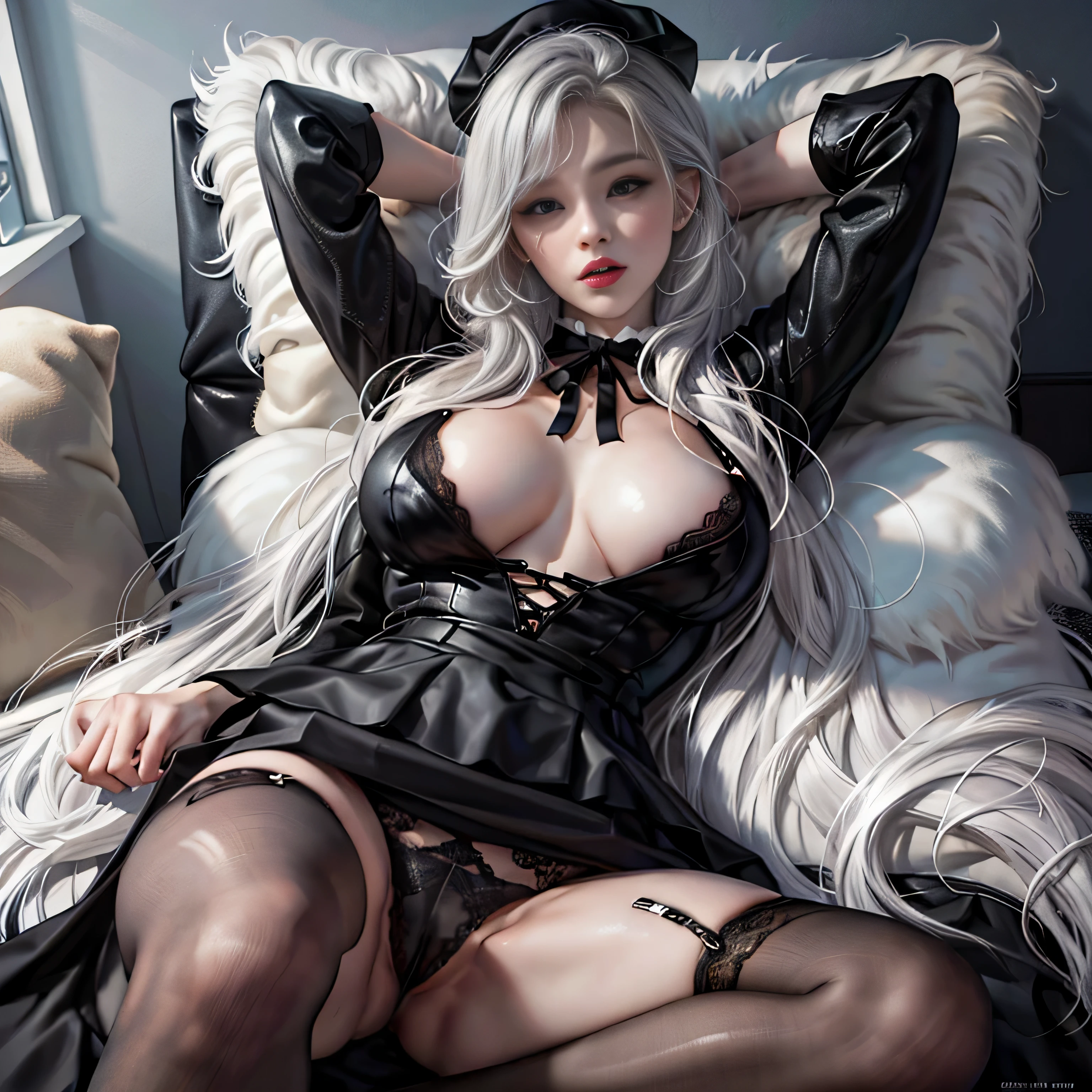 (Girl lying on fur bed),Portrait Photography, Realistic, High resolution, 1 female, alone,full body shot, Beautiful Eyes, Close your lips, Detailed face, Gray Hair, Long Hair, Collared shirt, Black tie,Black Skirt, Pencil Skirt, Fur coat, stockings,(Black lace panties are visible)