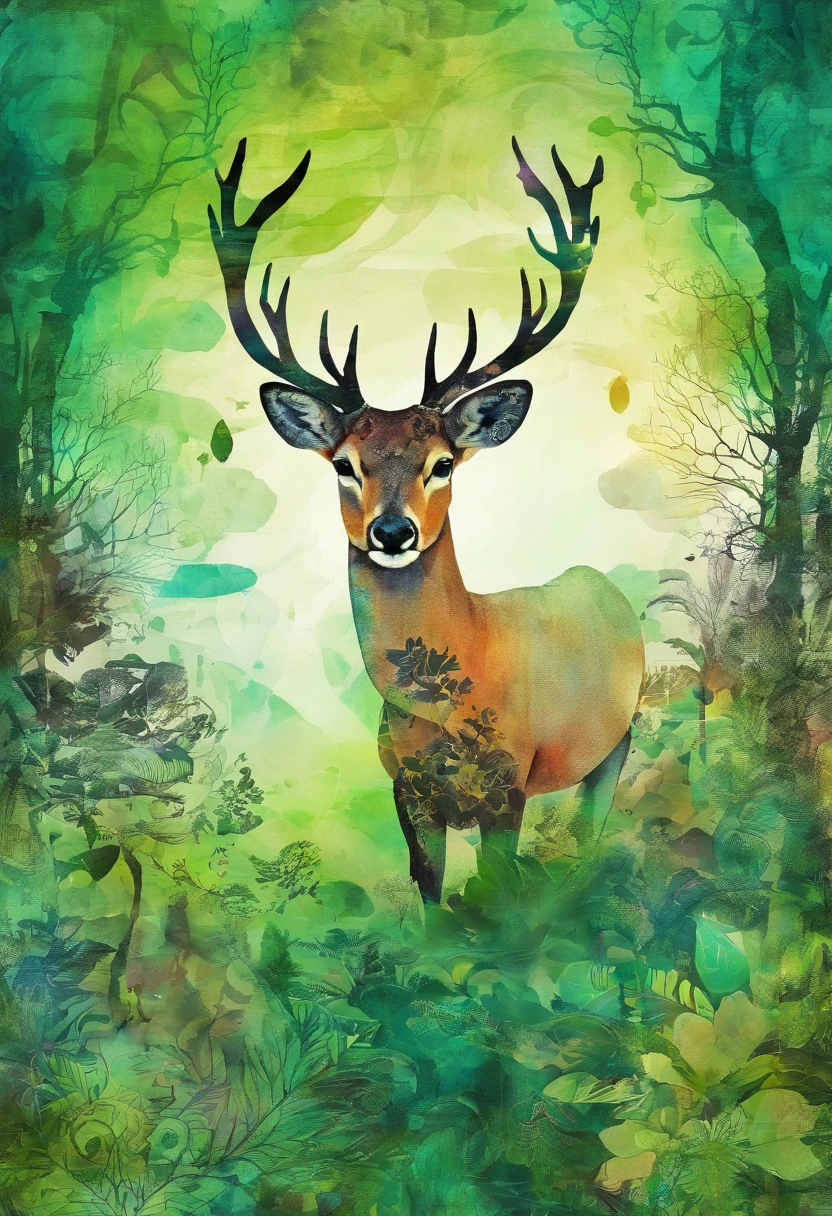 Dreaming doe, regard perdu dans le vague rêveur, posture imaginative, green forest background ::2 colorful ink painting ::2 art fantasy