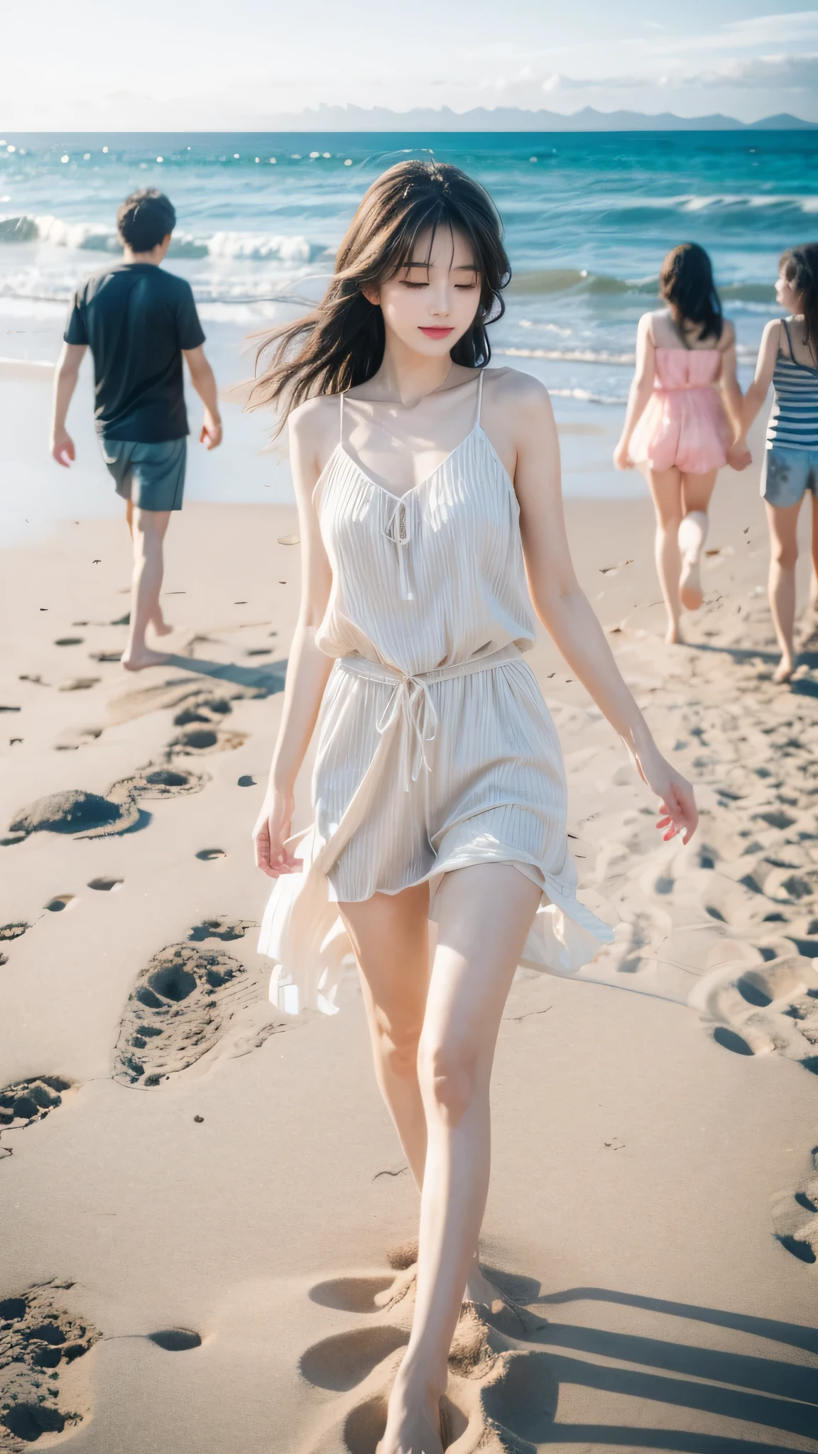 Family of 3 running on the beach with balloons in hand, happy family, people on the beach, sunny on the beach, Clear skies, photo, in stock, Best Adobe Stocks, photo, on the beach, shutter, shooting, Good morning, (rich and colorful), holiday photos, , holiday, on the beach, sunny