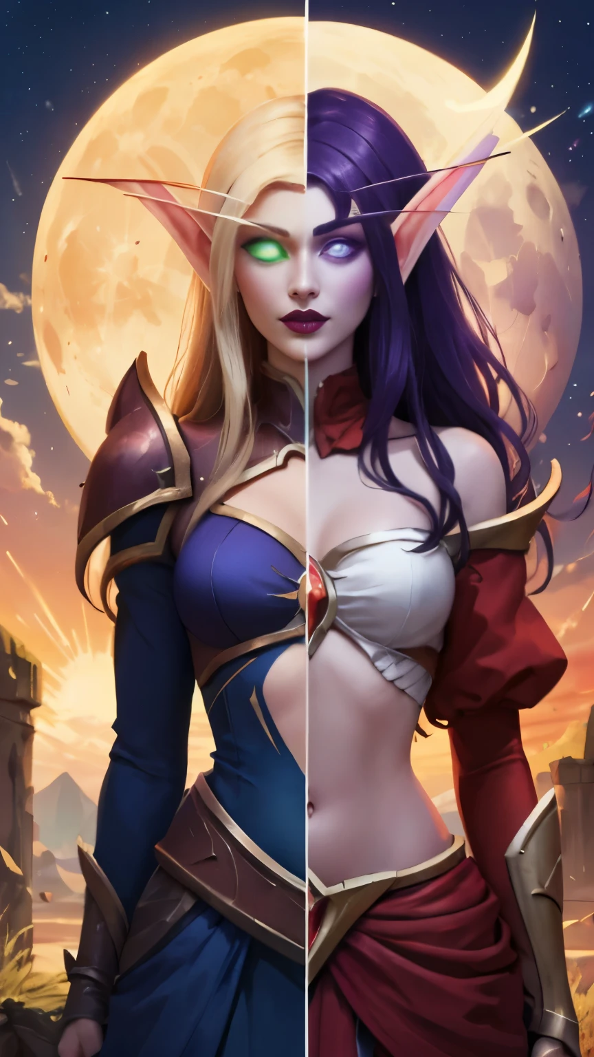 (Masterpiece, highly detailed, highly quality,  highly resolutions), 2 Pointy Ears, 2 eyebrows, line between the middle, Split Colored Hair in the Middle, cut the screen in the Middle, cut the Sun and Moon in Half, Split Colored Lips in the Middle, ({{BREAK nightelf, SplitScreen, split screen, Left screen, Happy faces, glowing eyes, left blue eyes, left Purple Hair, colored skin, mature female, purple Dress, purple shoulder pad, Navel, purple lips, looking at viewer, night, Sleeve, Long eyebrows, Princess of the Moon, Moon Background, left Half Moon center}}), vs, (BREAK bldelf, SplitScreen, splitscreen, Right Screen, Happy Faces, glowing eyes, right Green eyes, right Blonde hair, colored sclera, mature female, Red Dress, red shoulder pad, Navel, red lips, looking at viewer, day, Sleeves, long Eyebrows, Princess of the Sun, Sun Background, right Half Sun center))