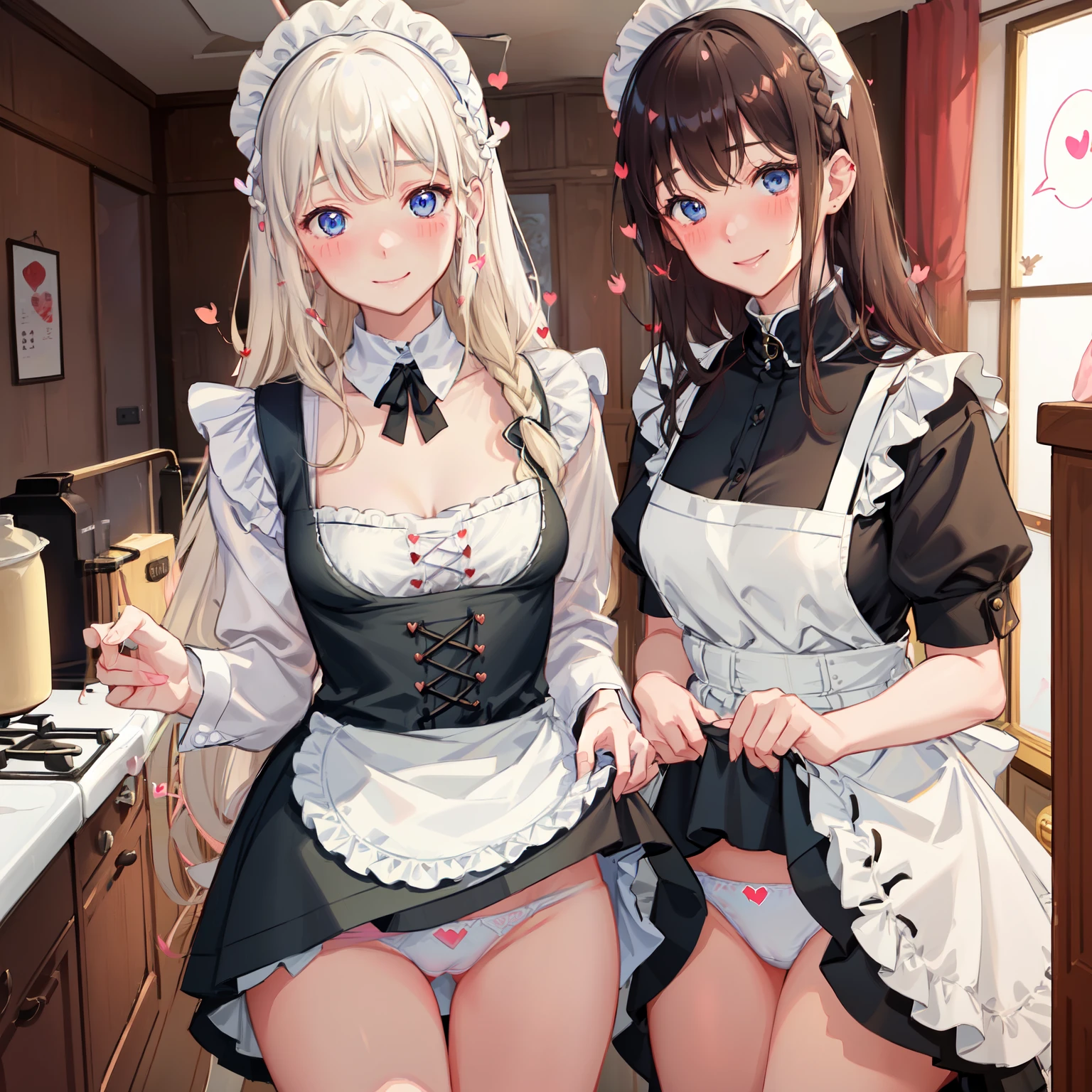 highest quality、masterpiece、((2 girls))、((smile:1.3))、(blush:1.3)、Black Shirt、blouse、((fun!!))、(Small breasts)、(One-strand braid)、(Blonde)、()、((White apron:1.5))、((Maid))、((hair ornaments)),、Kamimei、look at me、 ((in house:1.5))、 Taking a break from watching the audience、Cowboy Shot、(Skirt lift:1.3),(Highly detailed white panties:1.3)、(Highly detailed panties:1.3)、、(スカート that rolls up:1.3)、(Panties fully exposed:1.5)、Light blue eyes、long hair、((spoken heart:1.5))