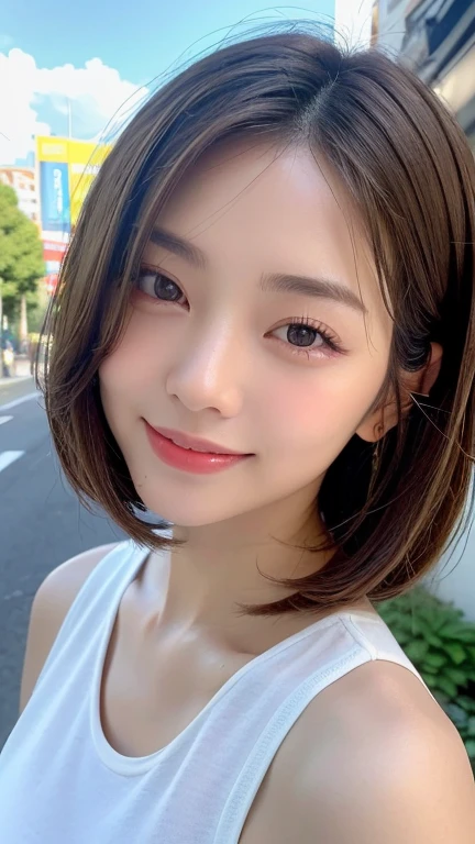(((Definitely a shoulder-length, short, straight brown bob)))、(((She is posing like a hair salon model with a summer park in the background.)))、(((Random and cute street fashion)))、Close-up of face、Half Japanese, half Korean、18 year old girl、Standing Alone、Looking forward、Light eye makeup、Brown Hair Color、Flat and 、Hair blowing in the wind、Actress Quality、Glossy, ultra-realistic face、Smiling face、Watery eyes、Gazing Up、Subtle lighting effects、 Ultra-Realistic Capture、Very detailed、High resolution 16K close up of human skin。Skin texture must be natural、The details must be such that pores can be clearly seen、The skin is healthy、Uniform tone、Use natural light and colors、High quality images taken by a model agency's exclusive photographer、smile