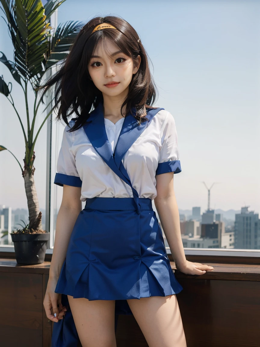 (1 lady), (Best quality at best:1.4), (ultra - detailed), (extremely detailed CG unified 16k), A Beautiful Woman with Perfect Figure: 1.4, Sharp Focus: 1.2, very detailed, High-definition RAW color photo, professional photoshooting, amazing face and eyes, cosmetics, (amazingly beautiful girl), ((suzumiya haruhi)), ((kita high sch0ol uniform, blue sailor collar, blue skirt, armband, hairband, medium hair, ribbon, socks)), standing posture, (looking at viewer), realistic cinematic face, head to feet long wide zoomed out view, full body long view, photorealistic, ((realistic natural caramel brown hair style, brown eyes)), gorgeous, extremely beautiful face, perfect model beauty, pout mouth, Highly Detailed Face and Skin Texture, Detailed Eyes, Double Eyelids, Medium Breasts, joy expression, joyful face, cleavages, western, (masterpiece), best quality, high resolution, extremely detailed, depth of field, cinematic lighting, amazing legs, high heels, clear and well-cared skin, (background: nature, tree, park)