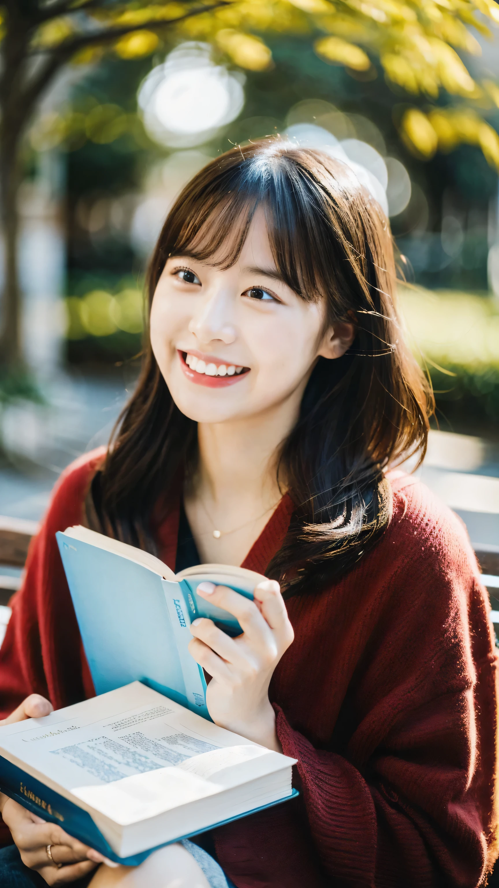 (Raw photo, highest quality), (8K, highest quality, masterpiece: 1.2), Super detailed, super resolution, a beautiful girl, books, (huge Laughing:1.1), (open mouth:1.1), (wide open eyes:1.2),
