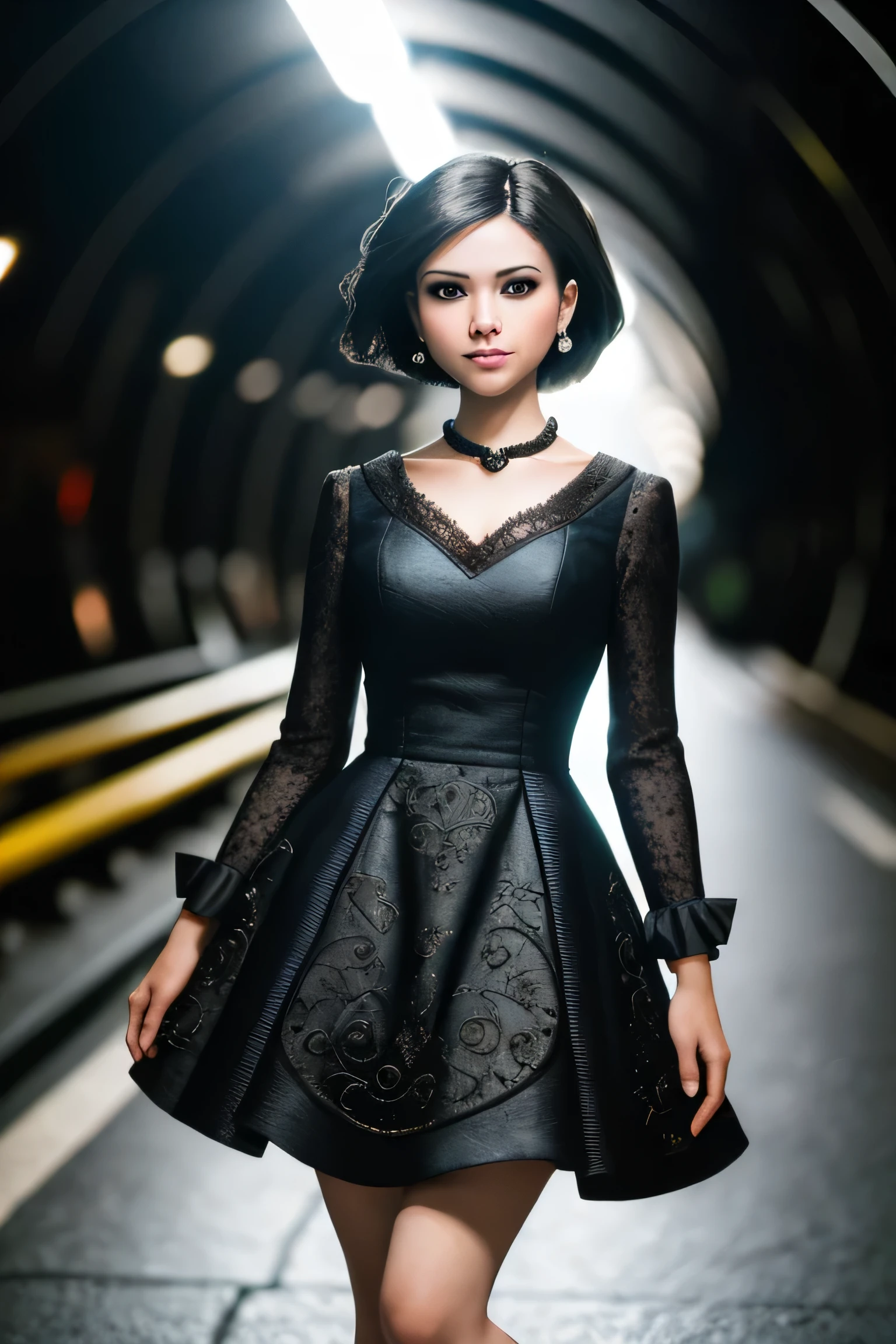 (masterpiece), (extremely intricate:1.3), (realistic), a girl, (punk, new wave), (dynamic perspective), dynamic angle, the most beautiful in the world, chic dress, smirk, tunnel, Aomori, Haifa, professional photograph of a stunning woman detailed, sharp focus, dramatic, award winning, cinematic lighting, octane render unreal engine, volumetrics dtx, (film grain, blurry background, blurry foreground, bokeh, depth of field)