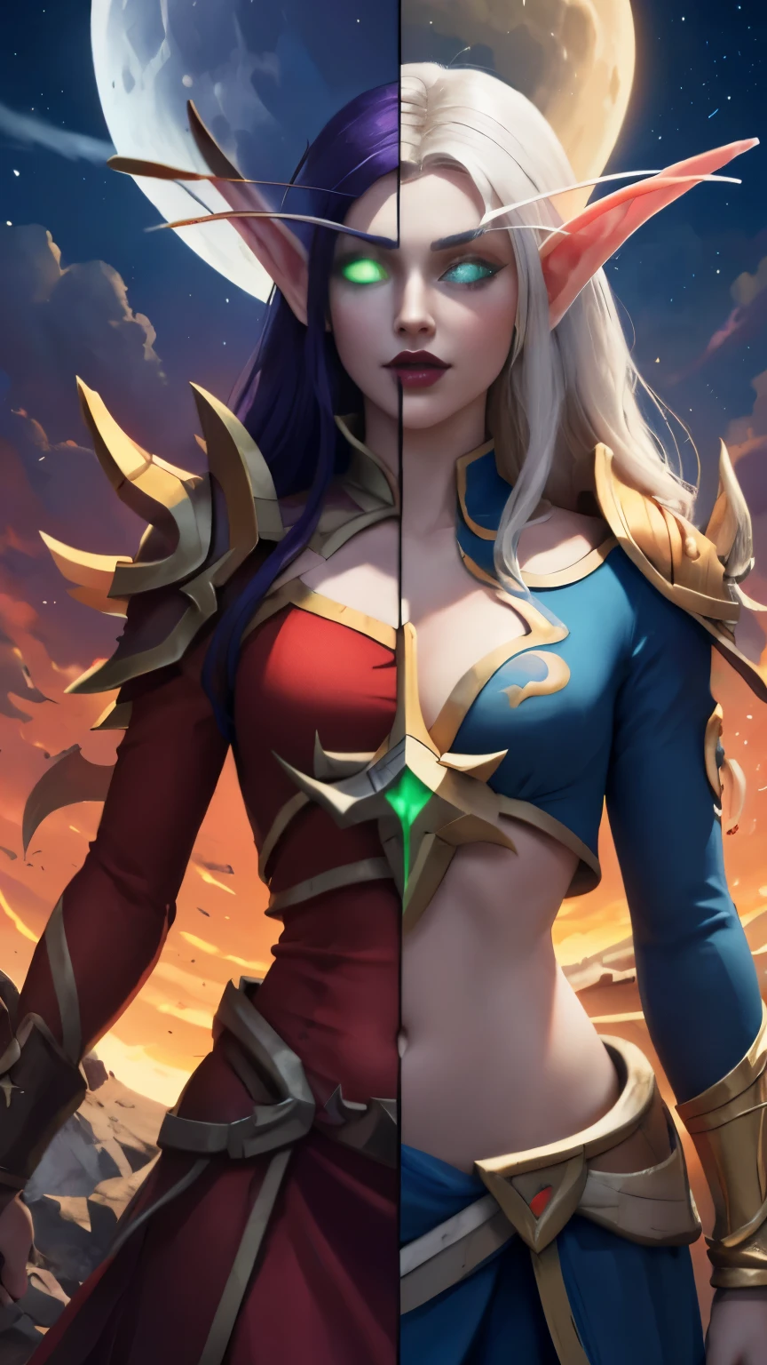 (Masterpiece, highly detailed, highly quality,  highly resolutions), 2 Pointy Ears, 2 eyebrows, line between the middle, Split Colored Hair in the Middle, cut the screen in the Middle, cut the Sun and Moon in Half, Split Colored Lips in the Middle, ({{BREAK nightelf, SplitScreen, split screen, Left screen, Happy faces, glowing eyes, left blue eyes, left Purple Hair, colored skin, mature female, purple Dress, purple shoulder pad, Navel, purple lips, looking at viewer, night, Sleeve, Long eyebrows, Princess of the Moon, Moon Background, left Half Moon center}}), vs, (BREAK bldelf, SplitScreen, splitscreen, Right Screen, Happy Faces, glowing eyes, right Green eyes, right Blonde hair, colored sclera, mature female, Red Dress, red shoulder pad, Navel, red lips, looking at viewer, day, Sleeves, long Eyebrows, Princess of the Sun, Sun Background, right Half Sun center))