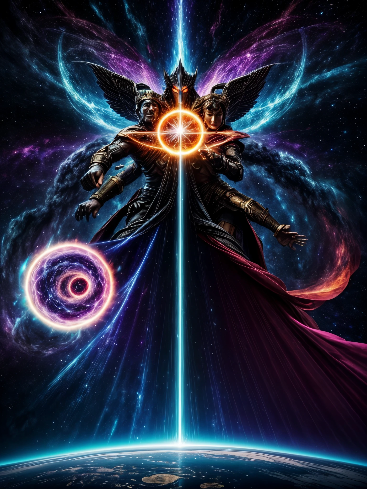(best quality, highres, ultra-detailed), In the expanse of a cosmic battlefield, two deities from separate dimensions face off. The first is a Star God, radiating with the intense power of a thousand suns. Their face, a blinding sphere of pure energy, illuminates the vastness of the cosmos. With each gesture, they summon supernovas and solar flares, unleashing a cascade of brilliant light that cascades across the celestial expanse.
Opposing them is the Void God, an enigmatic figure cloaked in darkness. Their face is a void of absolute nothingness, a black hole that absorbs all light and energy. From within their being emanate the forces of black holes and dark energy, distorting and bending the very fabric of space itself.
As these two god-like beings clash, shockwaves reverberate through the dimensions. Starlight and darkness intertwine, blending in a mesmerizing display that transcends human comprehension. The cosmic battlefield is engulfed in a symphony of celestial colors, with luminescent purples, deep blues, and vibrant reds painting the backdrop against which these gods duel. The clash of their powers forms a swirling vortex of energy, creating a surreal amalgamation of light and darkness.
All the while, distant galaxies and nebulae bear witness to this epic battle. The mesmerizing hues of gas clouds add an ethereal touch to the scene, inviting awe and wonder at the cosmic spectacle unfolding before their celestial eyes. The clash of the gods transcends time and space, a moment frozen in celestial eternity.