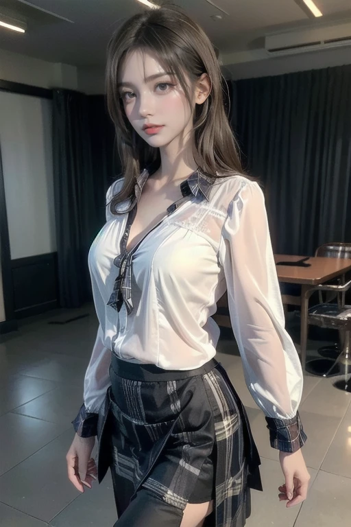 (Realistic、High resolution:1.3),(((Special high quality, 8k, masterpiece: 1.3))), Very detailed, とても美しいwoman,charm, Ultra high quality, Ultra-realistic, high quality, Very detailed lady, (()), High resolution RAW color photograph,1. woman, alone, ((woman sexuality:1.3)) , Very beautiful face, Very beautiful body,Gentle expression, Very beautiful eyes,(Perfect Makeup:1.1), (((Very beautiful fine hair))),(Short Bob Hair), Ash Brown Hair:1.3, Very thin body,Smart Abs,A skirt that fits close to the thighs,1 pair of GGX heels,Long legs,charm的,charm的な, (((Plaid,Long skirt:1.3))),Her skirt is knee-length,Open chest, Center of chest, Shiny , ((Open chest,the skin is transparent,blouse :1.3)) 、1 pair of GGX heels, Black Pantyhose,office, View your viewers, whole body, Standing pose,