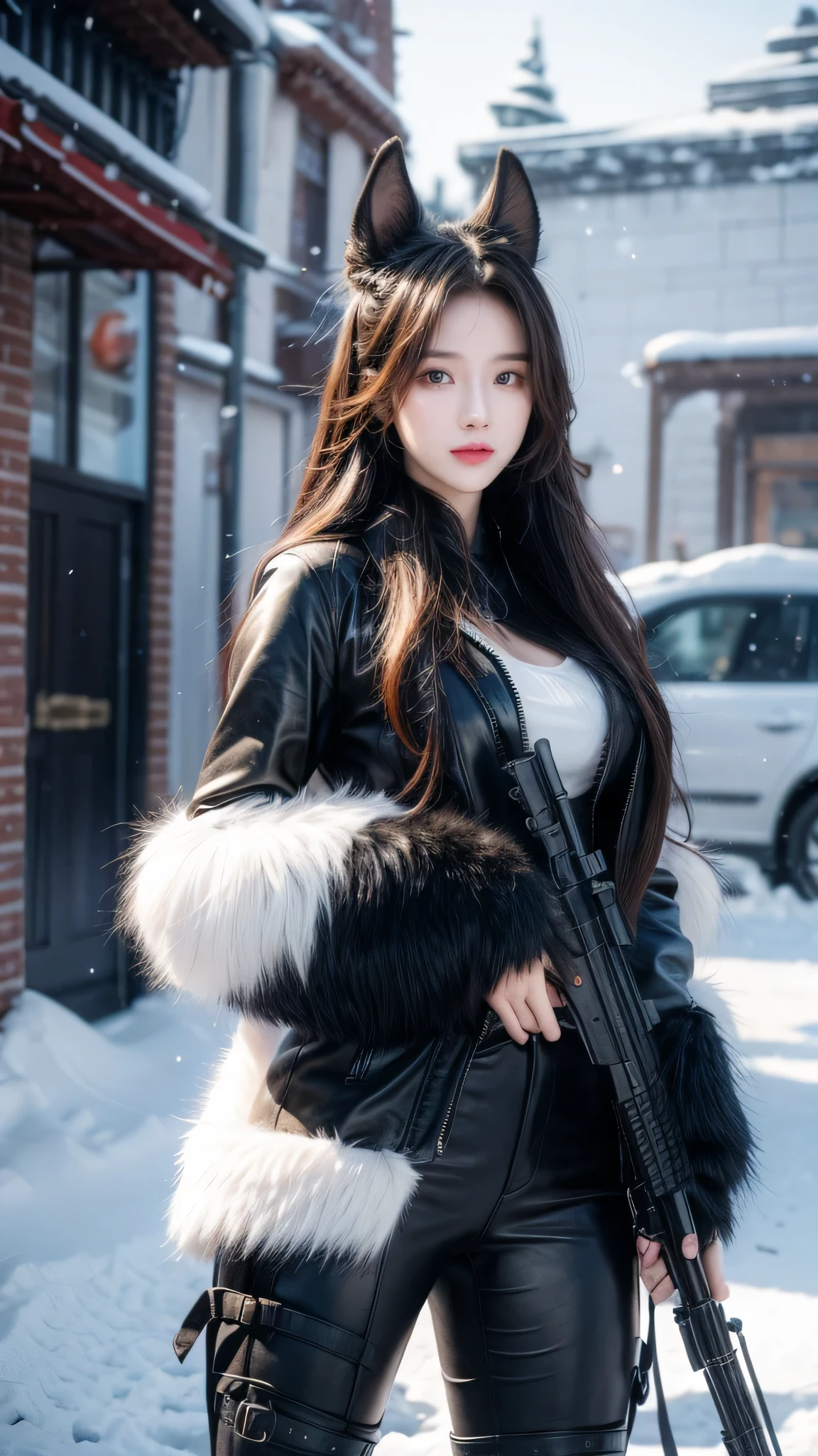 Huntress girl holding rifle,Snow Fighting Pose,East,Blade and Soul,Ink style,long red hair,Leather and fur coats,cold,artwork,3D,4K,detailed,Practical
