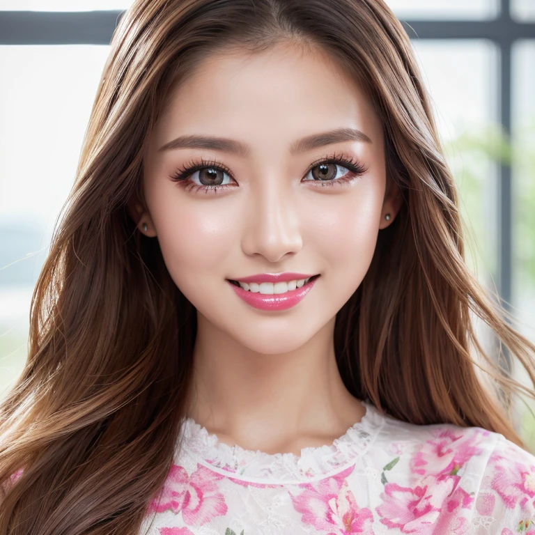 ((highest quality, Tabletop, Ultra-high resolution、The most complex and detailed depiction))、(Very bright lighting:1.1)、(Spring-like clothes)、(Beautiful woman:1.1)、(Long Wavy Hair:1.05), (Accurate anatomy:1.1)、Big brown eyes、Perfect Makeup、、lipstick、Highly saturated eyeshadow、Cute one-piece figure、blurred background, look at me and smile、Fine dining、(Face close-up:1.1)、(Ultra-high resolution光沢, Fair skin:1.1)、Ultra-high resolutionの顔、Ultra-high resolutionの髪、Ultra-high resolution sparkling eyes、Ultra-high resolution glossy lips、(Brightly lit white skin:1.1)、Beautiful face drawn in every detail、Ultra-high resolution perfect beautiful teeth、(bright and vivid:1.1), whole body
