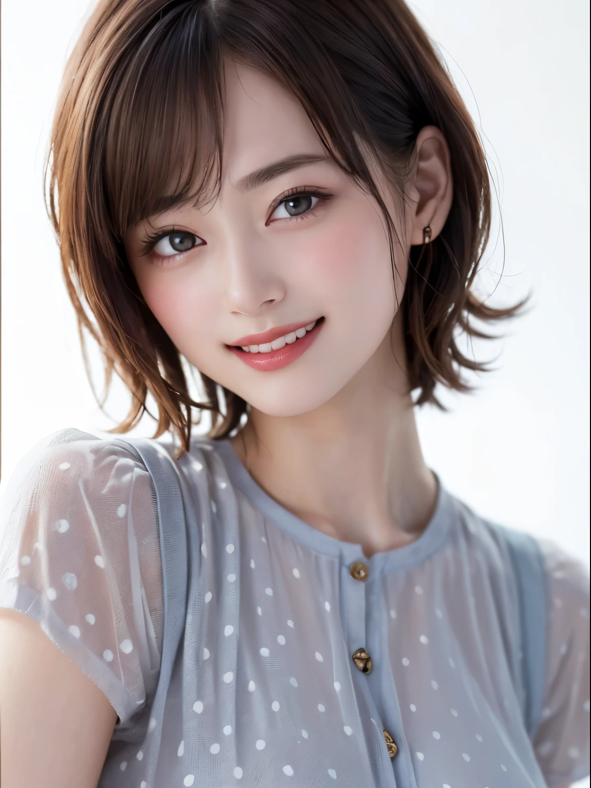 (highest quality、8k、32k、masterpiece、Hmph:1.2)、(Raw photo)、(Realisticな)、(Photorealistic:1.2)、(High resolution)、Ultra-detailed、Very beautiful face and eyes、One Girl、Round and small face、Big breasts and small waist、Delicate body、(Close-up、highest quality、Attention to detail、Rich skin detail、Hmph)、(highest quality、8k、Oil paint:1.2)、Very detailed、(Realistic、Realistic:1.37)、Vibrant colors、(((Blushing cheeks)))、(((Woman&#39;s face)))、(((laughing)))、(((Light brown hair)))、(((Fold your arms in front of your chest)))、(((LOL)))、(((Bust Shot)))、(((White background)))、((short hair))、(((Pure white wall background)))、(((She is wearing a polka dot shirt)))、(((Pure white wall background)))、