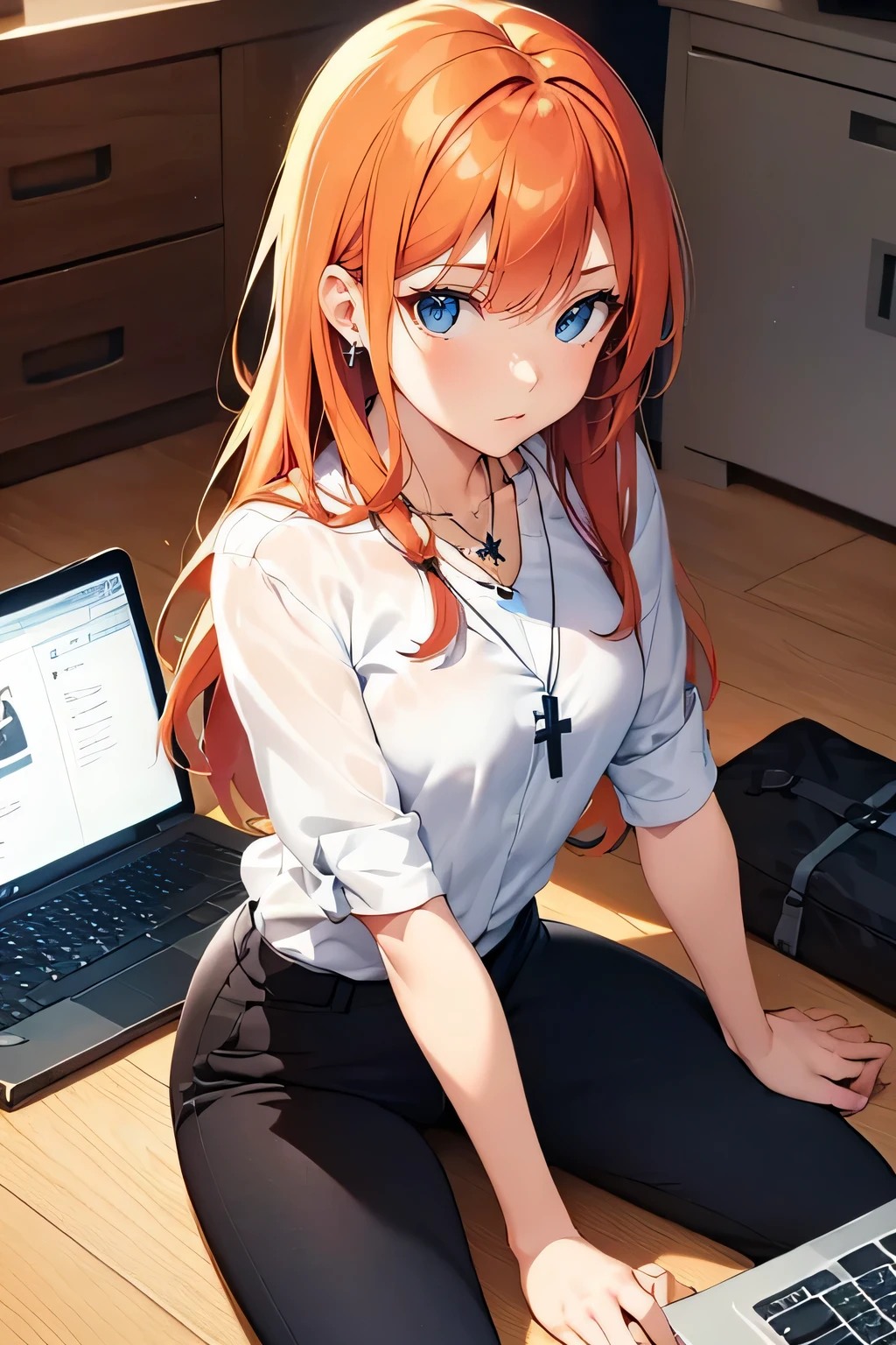 Ginger hair, blue eyes, long hair, straight bangs, Office dressed ((Black office pants )) , woman, illustrations, high-quality, ultra-detailed, realistic, vivid colors, portraits, warm tones, soft lighting. ((Necklace with a cross)). Woman. Full body ((Sitting with a laptop )) (Dinamyc poses) ((Different perspectives)) ((Serious expression))