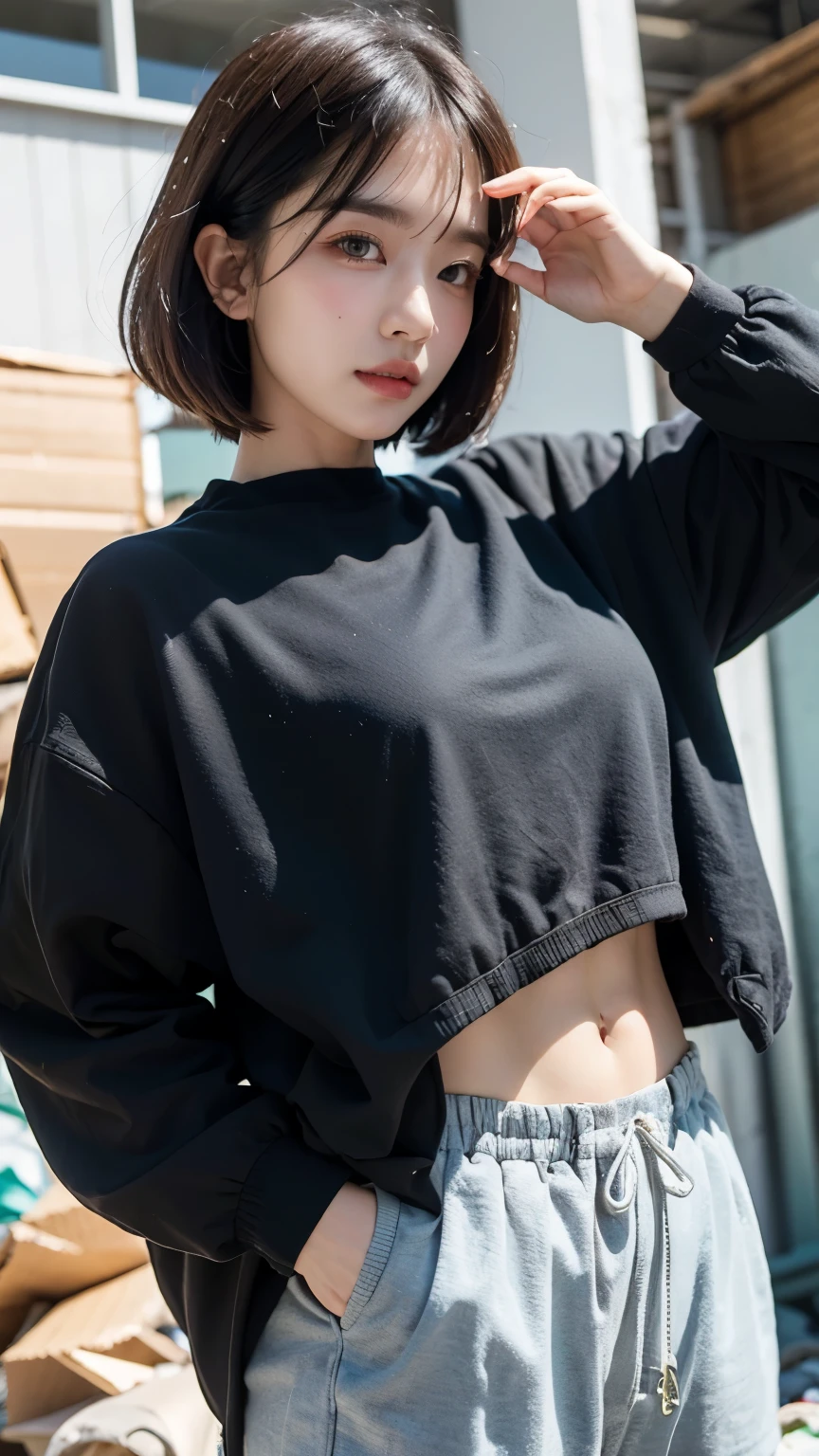 18-year-old,Korean women,(((Facing forward))),Frowning,カメラをGlaring,(Very fine eye), (((Fabric Shading))), (((highest quality))), (((masterpiece))) strong girl, (((Realistic))), Black Hair, chic hairstyle, ((With bangs,Straight medium bob cut, nice hair)), Light makeup,Red eyes, I'm not wearing lipstick,(((Retro-futuristic outfits))), (nice, strong, It Girl), Strong night atmosphere, Centered Images, Focus on the camera, Elegant colors,Realistic Skin,Realistic texture,8k,whole body,Pale skin, (((Dirty garbage dump))),A huge amount of trash,Red iris,Expressionless,(((He is wearing a big black down jacket. ))),Glaring,Perfect Face,(((Big eyes))),She is wearing wide black hip-hop style pants.,Mouth closed, portrait of aespaのウィンター,She is wearing black streetwear, Woman in black streetwear, Photo of a woman in black tech clothing, Girl wearing black hoodie, Cyberpunk Streetwear, Cyberpunk Streetwear street fashion e-girl,The perfect thumbs down