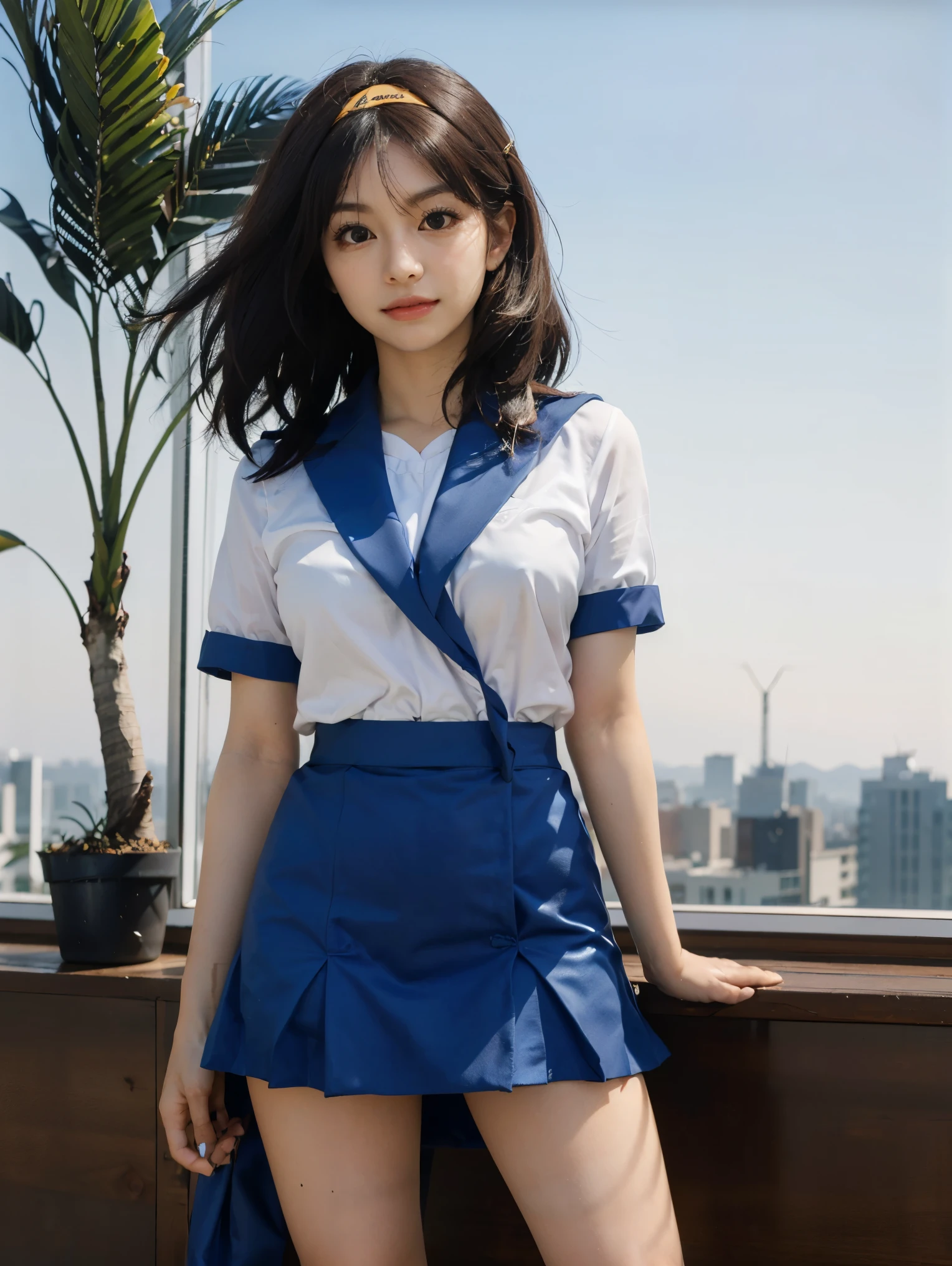 (1 lady), (Best quality at best:1.4), (ultra - detailed), (extremely detailed CG unified 16k), A Beautiful Woman with Perfect Figure: 1.4, Sharp Focus: 1.2, very detailed, High-definition RAW color photo, professional photoshooting, amazing face and eyes, cosmetics, (amazingly beautiful girl), ((suzumiya haruhi)), ((kita high sch0ol uniform, blue sailor collar, blue skirt, armband, hairband, medium hair, ribbon, socks)), standing posture, (looking at viewer), realistic cinematic face, head to feet long wide zoomed out view, full body long view, photorealistic, ((realistic natural caramel brown hair style, brown eyes)), gorgeous, extremely beautiful face, perfect model beauty, pout mouth, Highly Detailed Face and Skin Texture, Detailed Eyes, Double Eyelids, Medium Breasts, joy expression, joyful face, cleavages, western, (masterpiece), best quality, high resolution, extremely detailed, depth of field, cinematic lighting, amazing legs, high heels, clear and well-cared skin, (background: nature, tree, park)