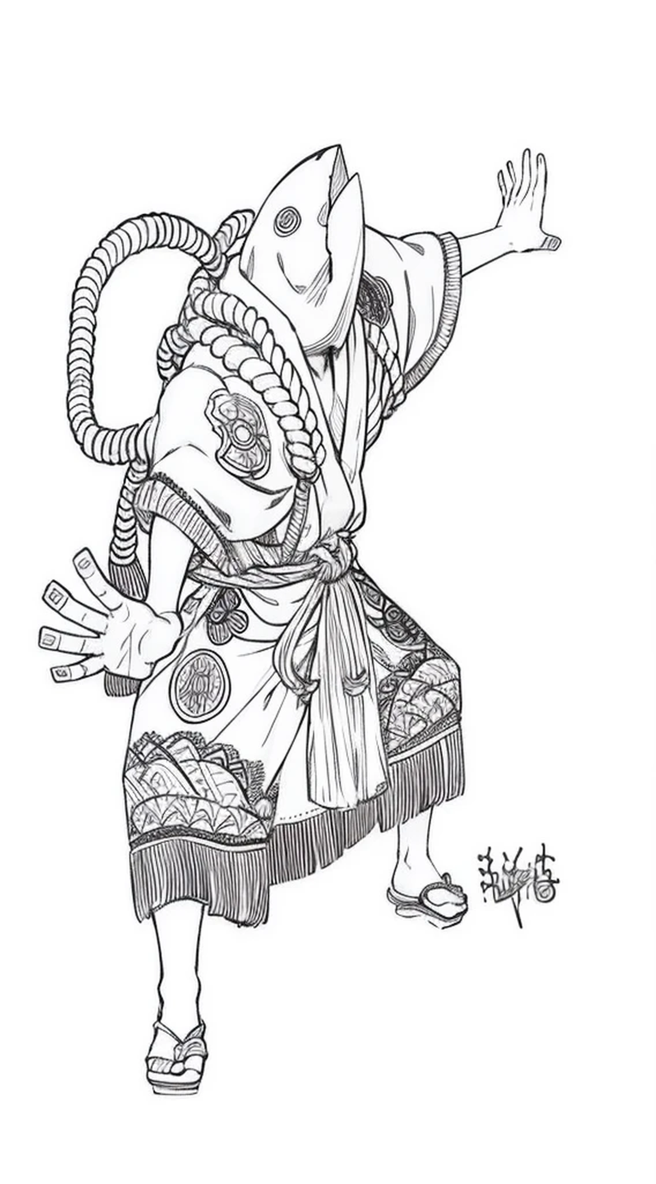 A painting,The painting shows a man in costume with a rope on his back, Inspired by Hayami Yushu, Inspired by Toshusai Sharaku, Inspired by Itcho Hanabusa II, Inspired by Zhou Wentianchong, Inspired by Itcho Hanabusa, Inspired by Kawabe Kyosai