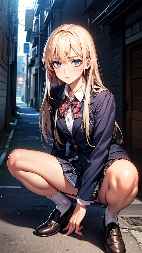 (((night,真night中))),((Dark atmosphere)),((Perfect Anatomy:1.2,Realistic:1.3,Raw photo:1.3,masterpiece、highest quality、Ultra - High resolution、High resolution、Extremely detailed CG、8k)),Cowboy Shot,((attractive way to sit)),((((Crouching pose)))),1 female,alone,18-year-old、High school girl beautiful girl,Japanese,((Beautiful and exquisite face and eyes:1.2,Big beautiful eyes:1.3,)),(Brighten your eyes),((Beautiful woman))、Blonde,Long Hair,(Center parted hair:1.4,amount),Medium chest,((slim body)),Small Head:1.3,skinny,(Brown Skin:1.4),(Oily skin,Glowing Skin,Shiny skin,Sweat:1.2),(school uniform、Dark blue blazer jacket、Checkered pleated mini skirt),Dirty back alley、Tokyo、((Turn your body forward))、((((show panty)))),(lonely),((Feeling melancholy))、Stick out your crotch、(Apathy),(Lucky)、((Expressionless))