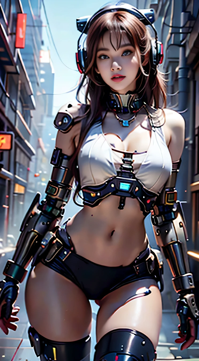 Mecha combined with flesh sexy asian woman, cyberpunk, full body, standing, hairstyle long hair, smile, cute face