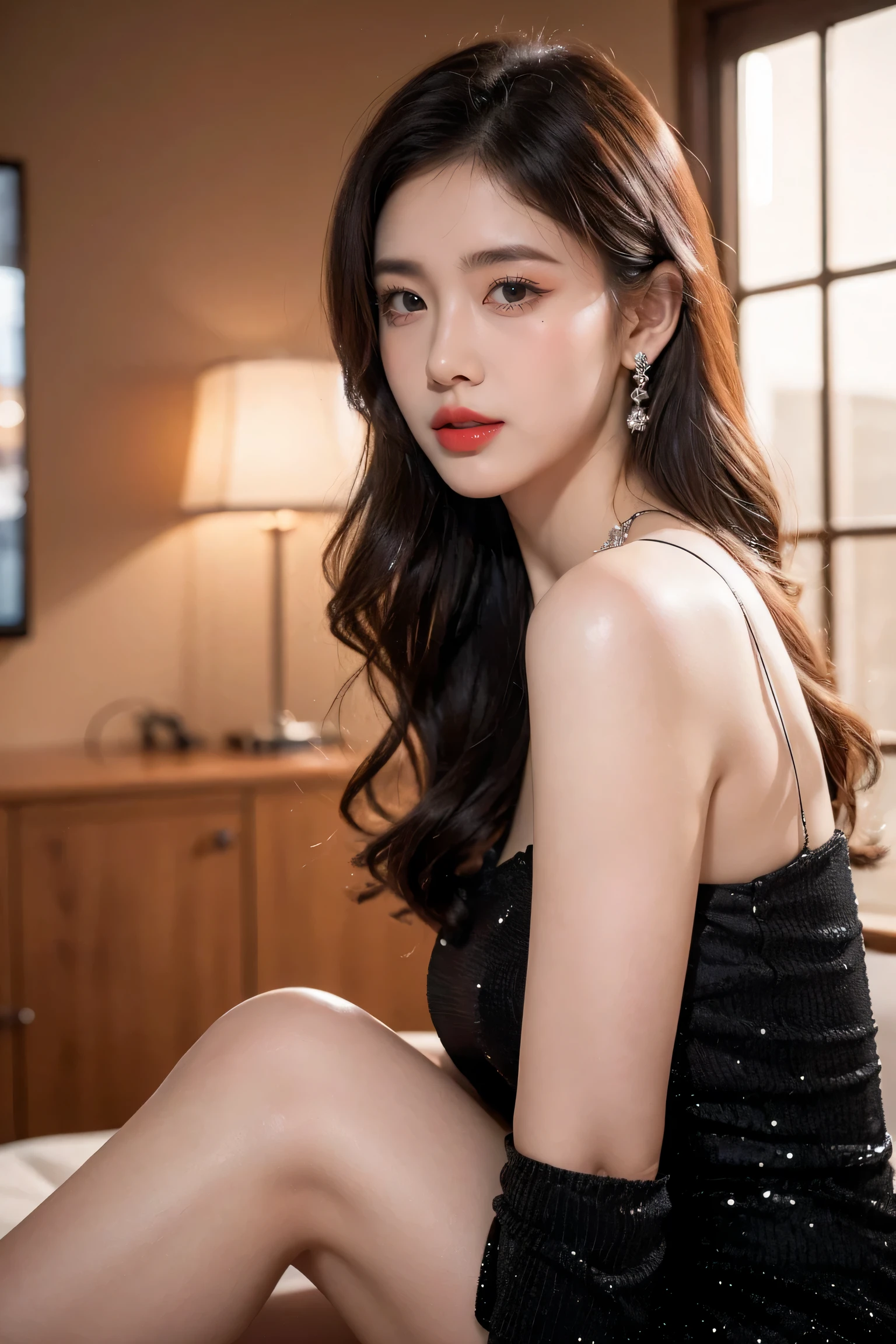 Top CG, Highest image quality, masterpiece, Gentle and beautiful girl, (185cm美女), (fit), Imperial sister, Queen temperament, White skin, ((Long legs)), perfect facial features, Bright Eyes, Seductive pose, Red lips, Beautiful and cold (A major breakthrough)), Beautiful and heroic, Soft and long hair, sparkling, Lace, net, Visible through clear skin, wear glasses, diamond earrings, ruby neckLace, (Black evening gown), 8K Image Quality, (Realistic Portraits), Characters fill the screen, (Facial lighting), ((eternity)