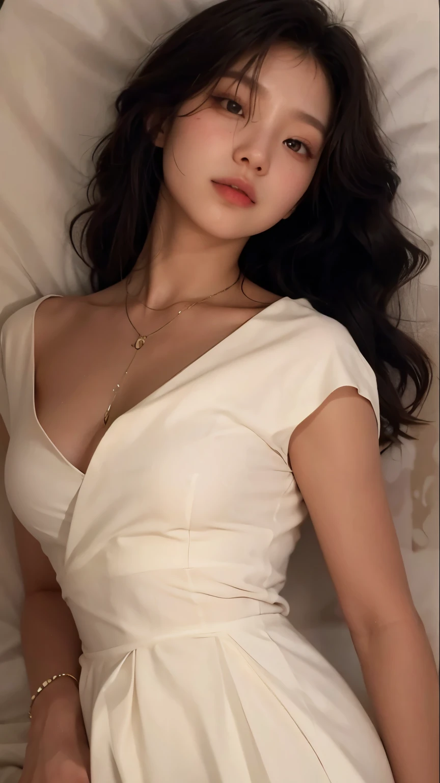 photorealistic, masterpiece, high resolution, soft light, mature female, silver hair, blue eyes, hips up, maid costume, jewelry, （Girl lying on bed)、Beauty、 One Girl、alone、Long Hair、Viewer、smile、blue eyes、hair ornaments、、gem、Gray Hair、Shut your mouth、Blunt banganicure、bracelet、lips、Grey Eyes、Portraiture、Red nails、close、Red lips、Put your hands on your face、Place your hand on your cheek、()、(Shiny skin)、((Skyscrapers are hazy outside the window))、(Off-shoulder white dress with floral pattern),),((Girl with her legs slightly apart)),(Leg spread),((White panties are visible)),（Lift-up skirt)、