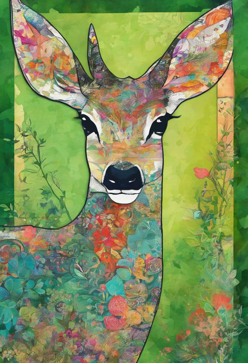 Dreaming doe, regard doux tendre perdu dans ses rêves, posture marche, green forest background ::2 colorful ink painting ::2 art fantasy