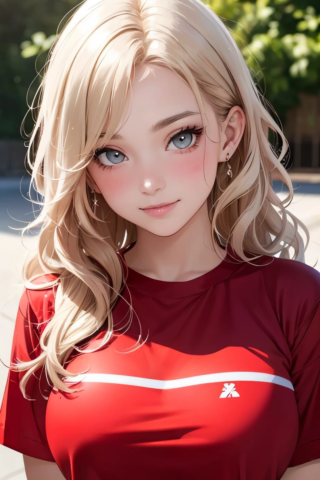 (One frontal photo), upper body, Beautiful face, Highly detailed face and skin texture, Grey eyes, kind smile, (blush), Glitter eyeliner:1.2,  Shiny skin, Light skin: 1.2, (20 years old), (Long wavy hair, blonde hair, Parted bangs), huge breasts, (red t-shirt), navel, park, natural light