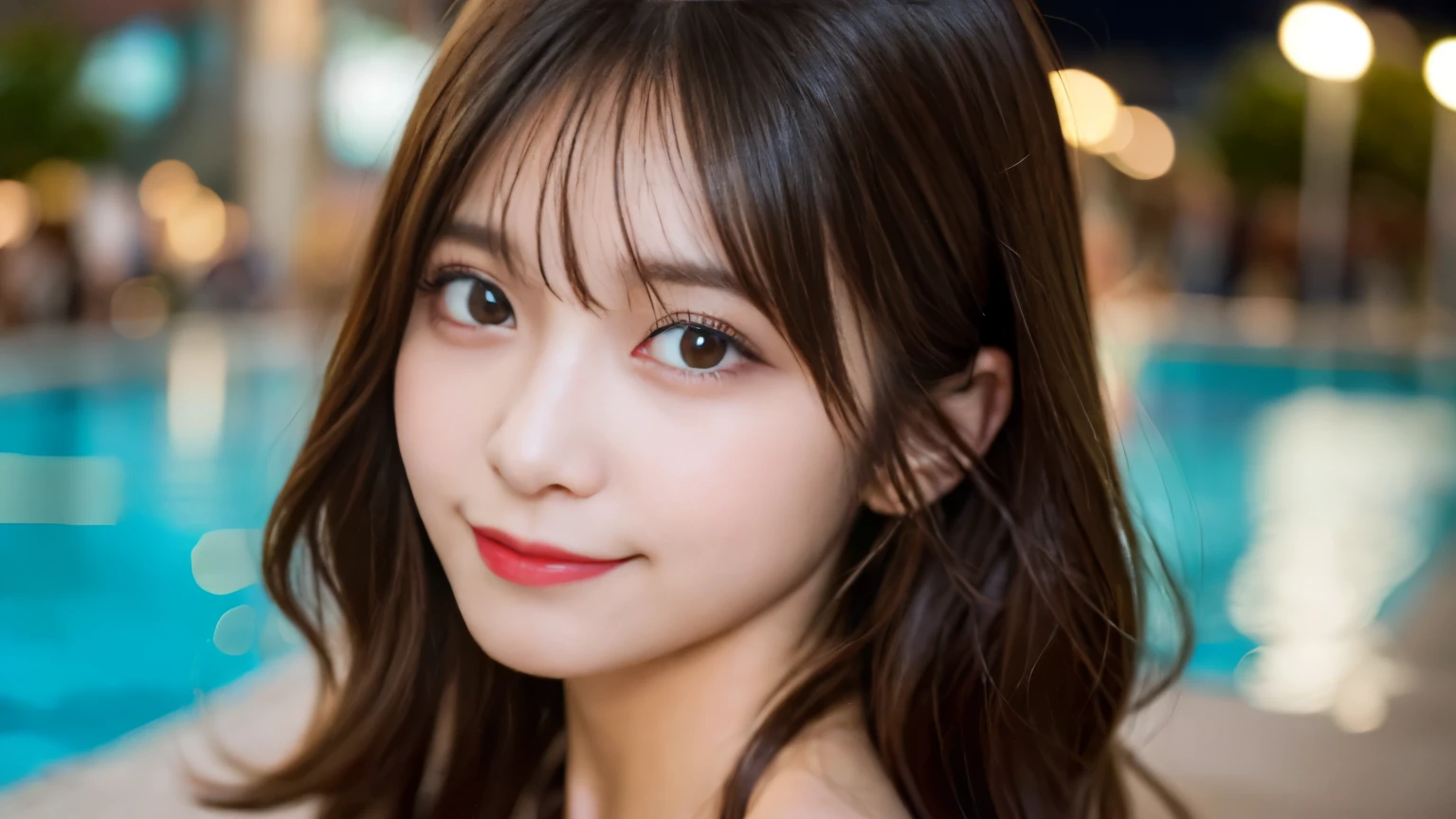 masutepiece, Best Quality, Illustration, Ultra-detailed, finely detail, hight resolution, 8K Wallpaper, Perfect dynamic composition, Beautiful detailed eyes, Wearing black bikini swimwear,Medium Hair,Natural Color Lip, Bold sexy poses,Smile,Harajuku、20 years girl、Cute、Sexy shot looking at camera、C Cup、Brown hair、cacique#39;s face、Blurry night pool background