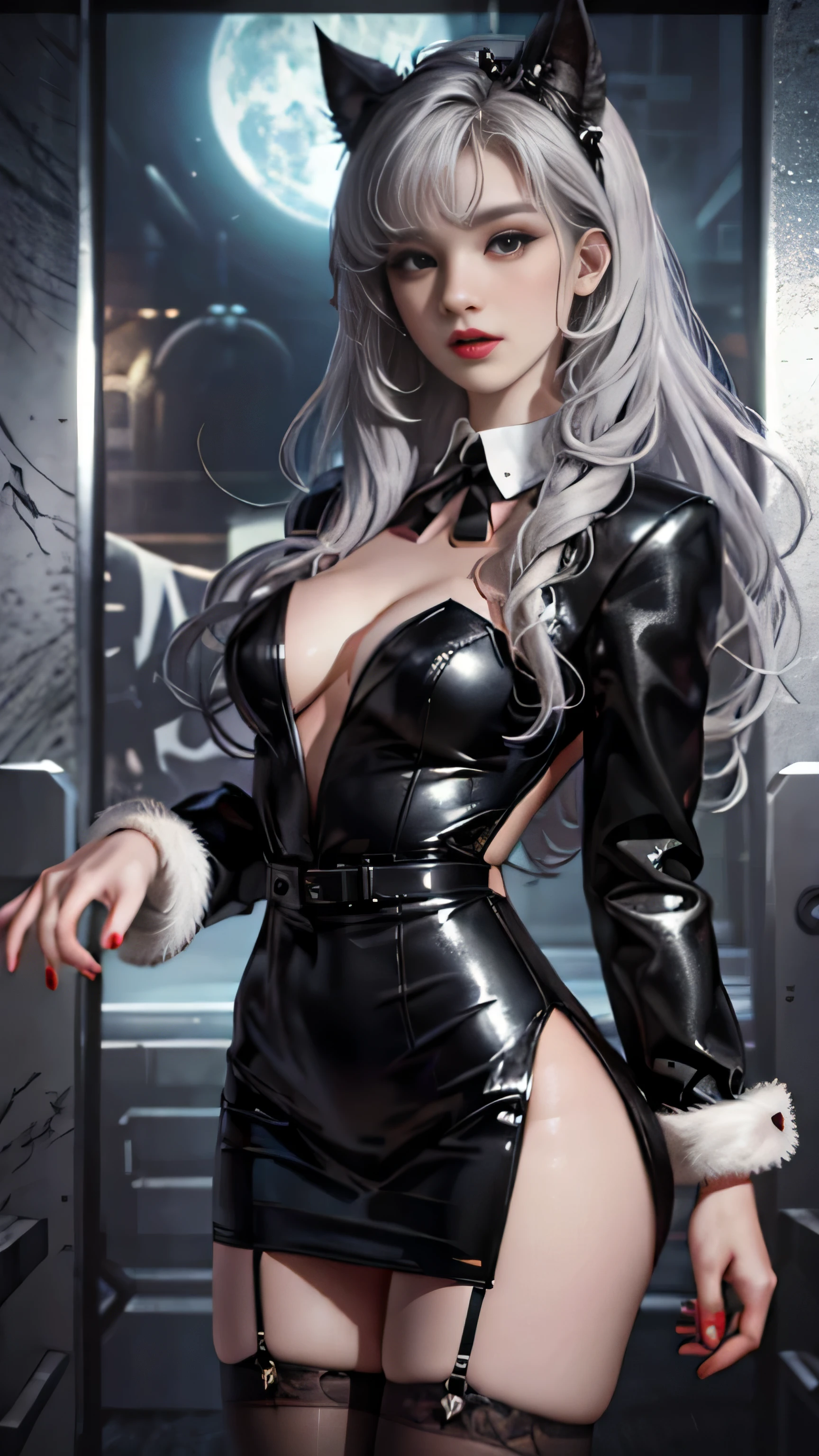 Girl portrait photography, Realistic, High resolution, 1 female, alone,full body shot, Beautiful Eyes, Close your lips, Detailed face, Gray Hair, Long Hair, Collared shirt, Black tie,Black Skirt, Pencil Skirt, Fur coat, stockings,(Black lace panties are visible)