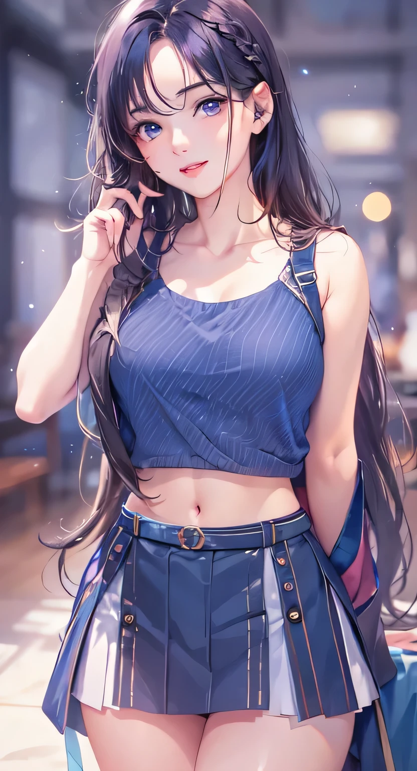 1girl, brown hair, long hair, black tank top, sexy, big , blue denim shorts, parted lips, random hairstyle