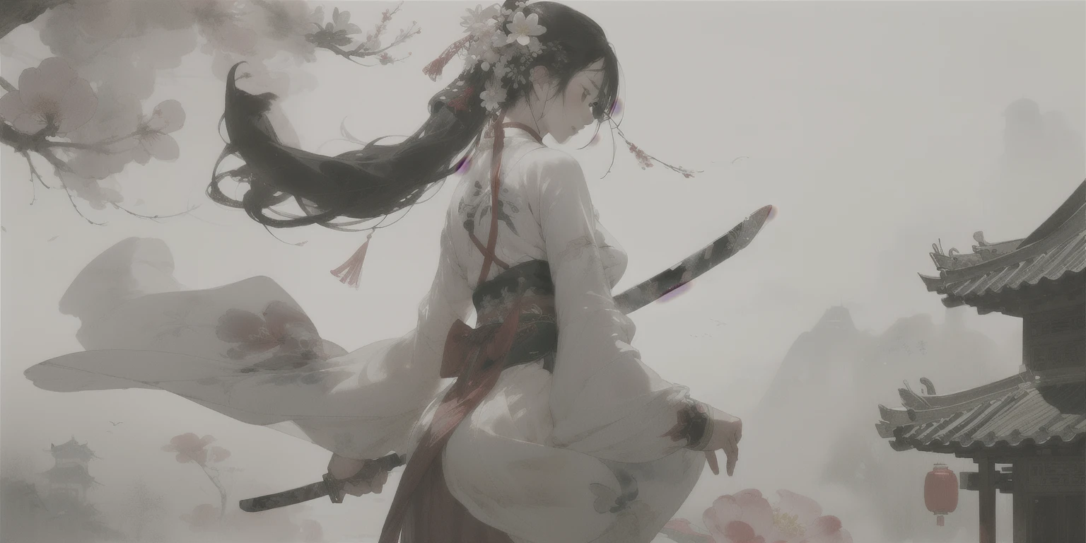 1 person,1 Girl, arms, sword,flower, Hanfu,Chinese painting,huaniao,Ancient Town, Back,女sword仙,Knight,Martial Arts