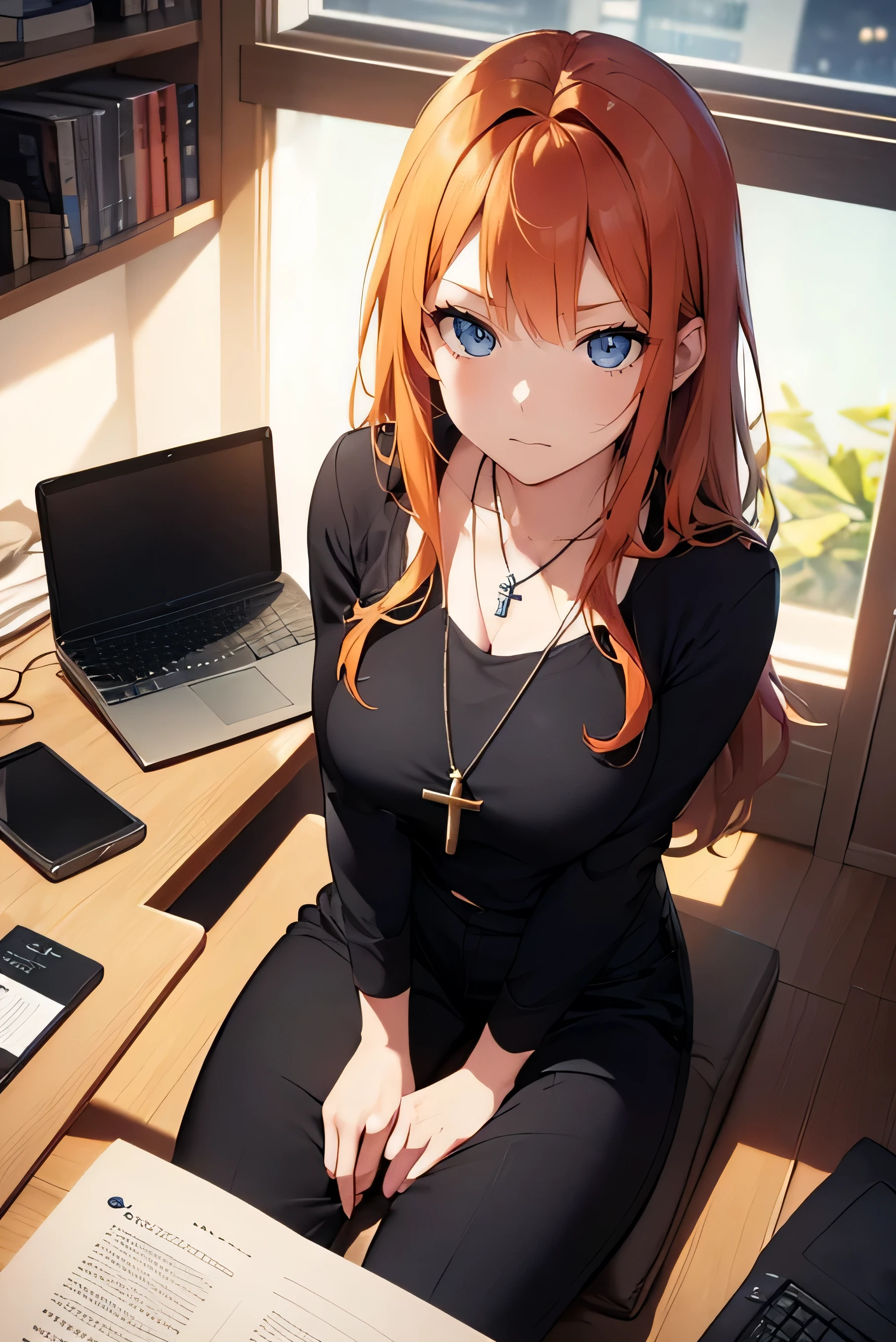 Ginger hair, blue eyes, long hair, straight bangs, Office dressed ((Black office pants )) , woman, illustrations, high-quality, ultra-detailed, realistic, vivid colors, portraits, warm tones, soft lighting. ((Necklace with a cross)). Woman. Full body ((Sitting with a laptop )) (Dinamyc poses) ((Different perspectives)) ((Serious expression))