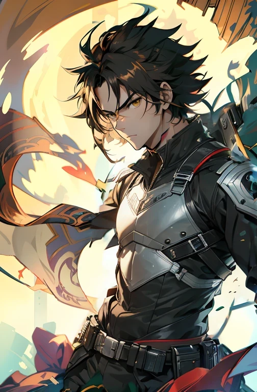 1man, handsome, wild black hair, wearing combat suit, masterpiece, 4k, top quality, highly detailed, official art