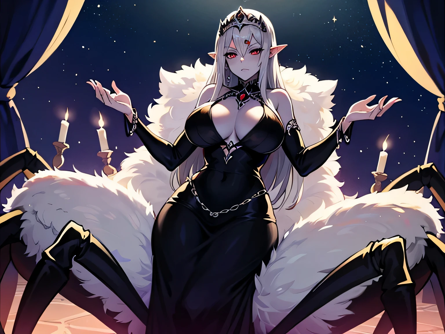 Arachne, dark elf, adult woman, large breasts, spider body, expensive jewelry, long silver hair, tiara.