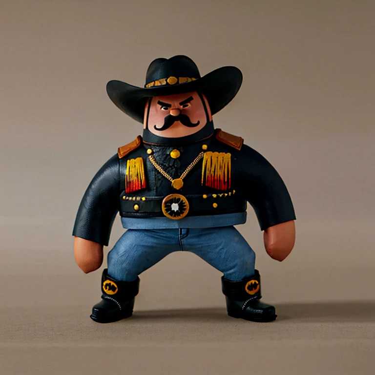 A cowboy,comic cartoon character,he have long black moustache, he have big round eyes,he wear cowboy jacket, boots,his body structure is heavyweight, he standing straight front position, sharp and smooth detailing,best quality image