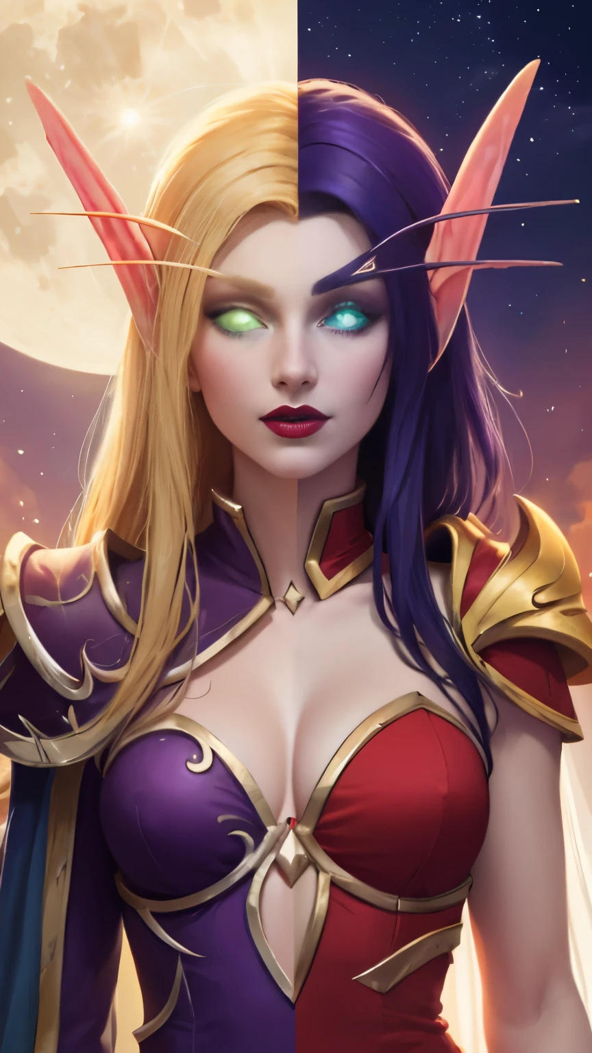 (Masterpiece, highly detailed, highly quality, highly resolutions), 2 Pointy Ears, 2 eyebrows, line between the middle, Split Colored Hair in the Middle, cut the screen in the Middle, cut the Sun and Moon in Half, Split Colored Lips in the Middle, ({{BREAK nightelf, SplitScreen, split screen, Left screen, Happy faces, glowing eyes, left blue eyes, left Purple Hair, colored skin, mature female, purple Dress, purple shoulder pad, Navel, Cleavage, purple lips, looking at viewer, night, Sleeve, Long eyebrows, Princess of the Moon, Moon Background, left Half Moon center}}), vs, (BREAK bldelf, SplitScreen, splitscreen, Right Screen, Happy Faces, glowing eyes, right Green eyes, right Blonde hair, colored sclera, mature female, Red Dress, red shoulder pad, Navel, cleavage, red lips, looking at viewer, day, Sleeves, long Eyebrows, Princess of the Sun, Sun Background, right Half Sun center))