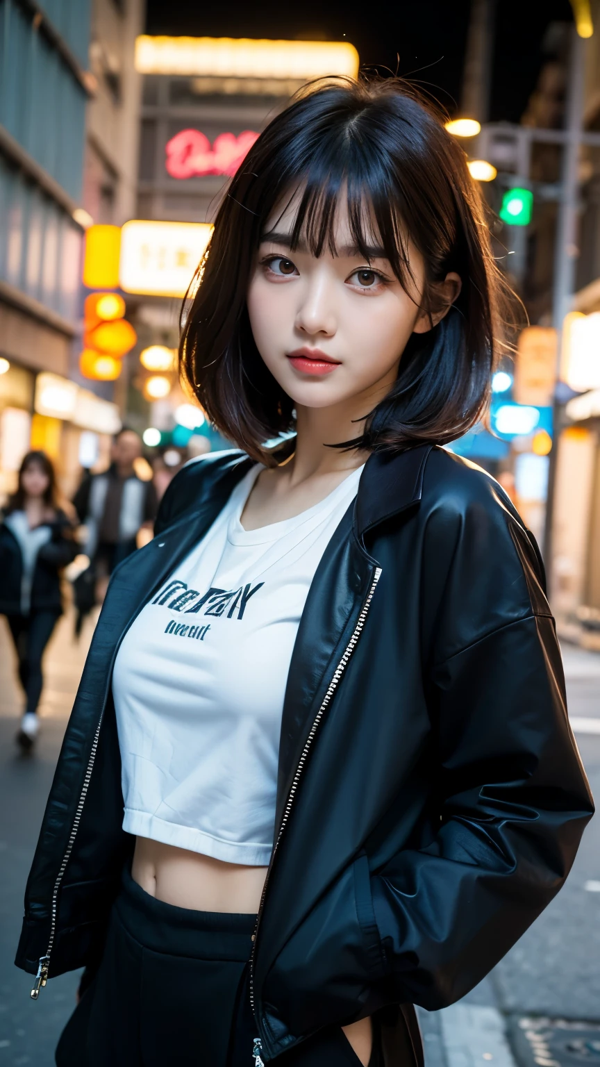 18-year-old,Korean women,(((Facing forward))),Frowning,カメラをGlaring,(Very fine eye), (((Fabric Shading))), (((highest quality))), (((masterpiece))) strong girl, (((Realistic))), Present the card you are holding,Black Hair, chic hairstyle, ((With bangs,Straight medium bob cut, nice hair)), Light makeup,Red eyes, I&#39;m not wearing lipstick,(((Retro-futuristic outfits))), (nice, strong), Strong night atmosphere,  Centered Images, Focus on the camera, Elegant colors,Realistic Skin,Realistic texture,８k,whole body,Pale skin, (((Dirty garbage dump))),A huge amount of trash,Red iris,Expressionless,(((He is wearing a big black down jacket. ))),Glaring,Perfect Face,(((Big eyes))),She is wearing wide black pants,Mouth closed, portrait of aespaのウィンター,She is wearing black streetwear, Woman in black streetwear, Photo of a woman in black tech clothing, Girl wearing black hoodie, Cyberpunk Streetwear, Cyberpunk Streetwear street fashion e-girl,