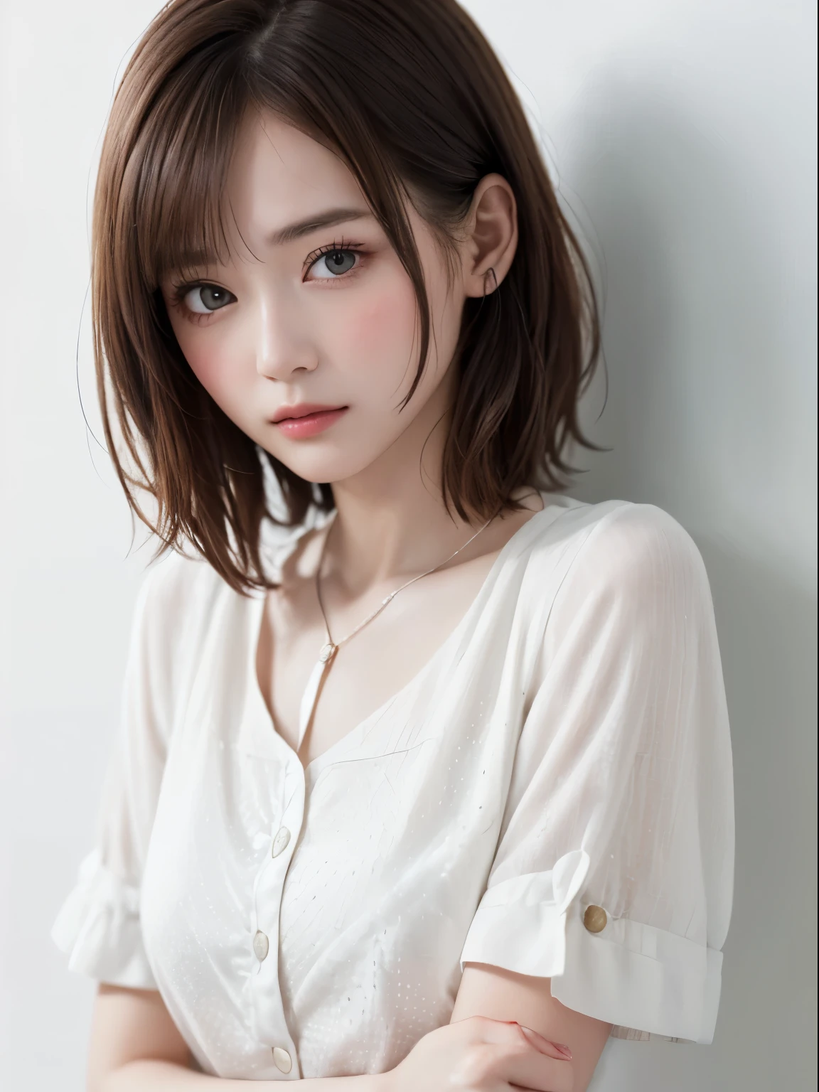 (highest quality、8k、32k、masterpiece、Hmph:1.2)、(Raw photo)、(Realisticな)、(Photorealistic:1.2)、(High resolution)、Ultra-detailed、Very beautiful face and eyes、One Girl、Round and small face、Big breasts and small waist、Delicate body、(Close-up、highest quality、Attention to detail、Rich skin detail、)、(highest quality、8k、Oil paint:1.2)、Very detailed、(Realistic、Realistic:1.37)、Vibrant colors、(((Blushing cheeks)))、(((Woman&#39;s face)))、(((Sad)))、(((Light brown hair)))、(((Fold your arms in front of your chest)))、(((Sad look)))、(((Bust Shot)))、(((White background)))、((short hair))、(((Pure white wall background)))、(((She is wearing a polka dot shirt)))、(((Pure white wall background)))、