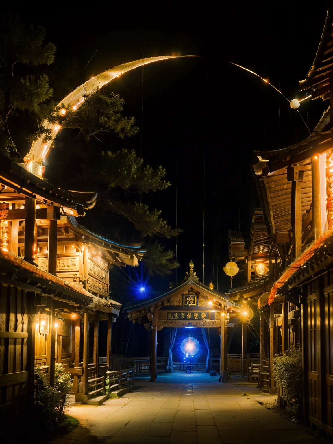 中国Elegant建筑,Sun, moon and stars,bright night,Buddha's light,arch,Elegant,literature,rhythm,reality,The beauty of round,(best quality),(masterpiece),(Ultra Detailed),(high detail),(Extremely detailed),A quaint, low-key forest village hideaway and amusement park, mystery, Deep in the forest, deep in the tundra, In the mountains, The magic of oak, The magic of the moon