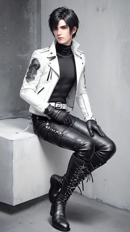 Final Fantasy-style graphics, young, Cute and cool Japanese boys, Thin eyebrows and big eyes, He is wearing a shiny off-white leather single-breasted jacket.。.。., with epaulettes, The jacket is zipped up, The jacket pockets are black., The jacket has a high stand-up collar with a belt, Also wearing a black turtleneck, black leather pants, Thin black leather gloves on both hands, Black leather knee-high lace-up boots, Head to Toe, Please show me your whole body, Final Fantasy Style、good looking、Clear eyes and nose、((Shiny white single-breasted leather jacket))、((The jacket has epaulettes))、((The jacket has a stand-up collar and a belt))、((The jacket has a black pocket))、((Black turtleneck shirt))、((Shiny black leather pants))、((Shiny black leather gloves on both hands))、((Black lace-up leather long boots))、((Head to Toe表示))、Realistic image quality and texture、In a small brick cell、close your eyes、A kind smile、((The jacket is closed with a zipper))