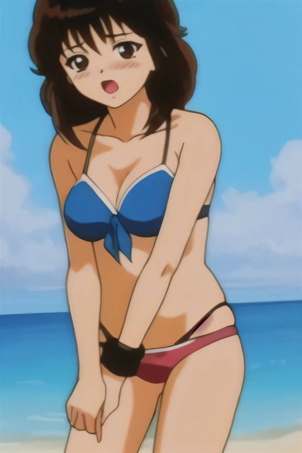tomoko, One Girl, alone, length_hair, blush, Open_mouth,Embarrassing,Front hair, Simple_background, Brown_hair, black_hair,Brown_eye,bikini,Swimwear,Ocean, clavicle,